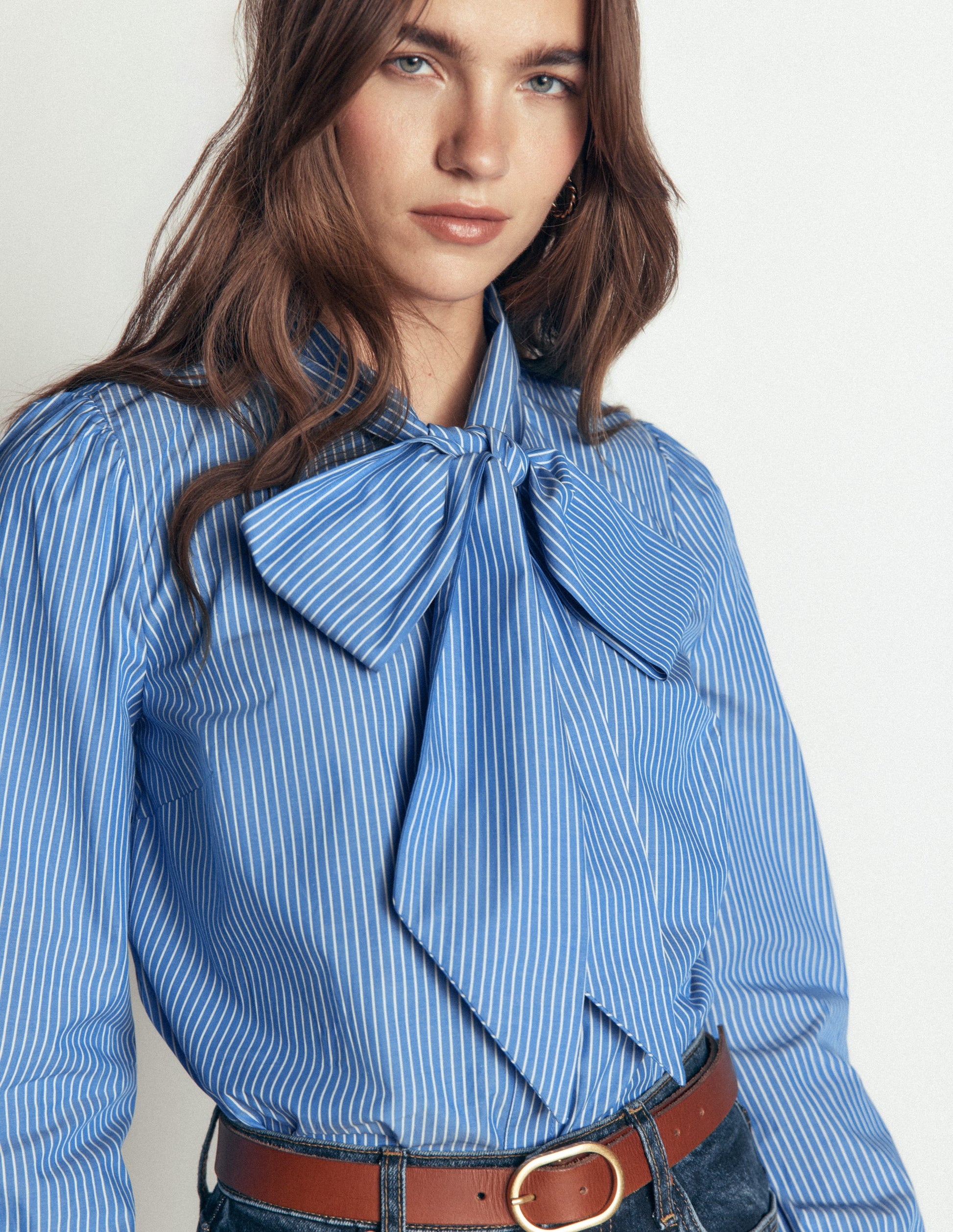 Clara Tie Neck Shirt-Blue, Ivory Fine Stripe-2