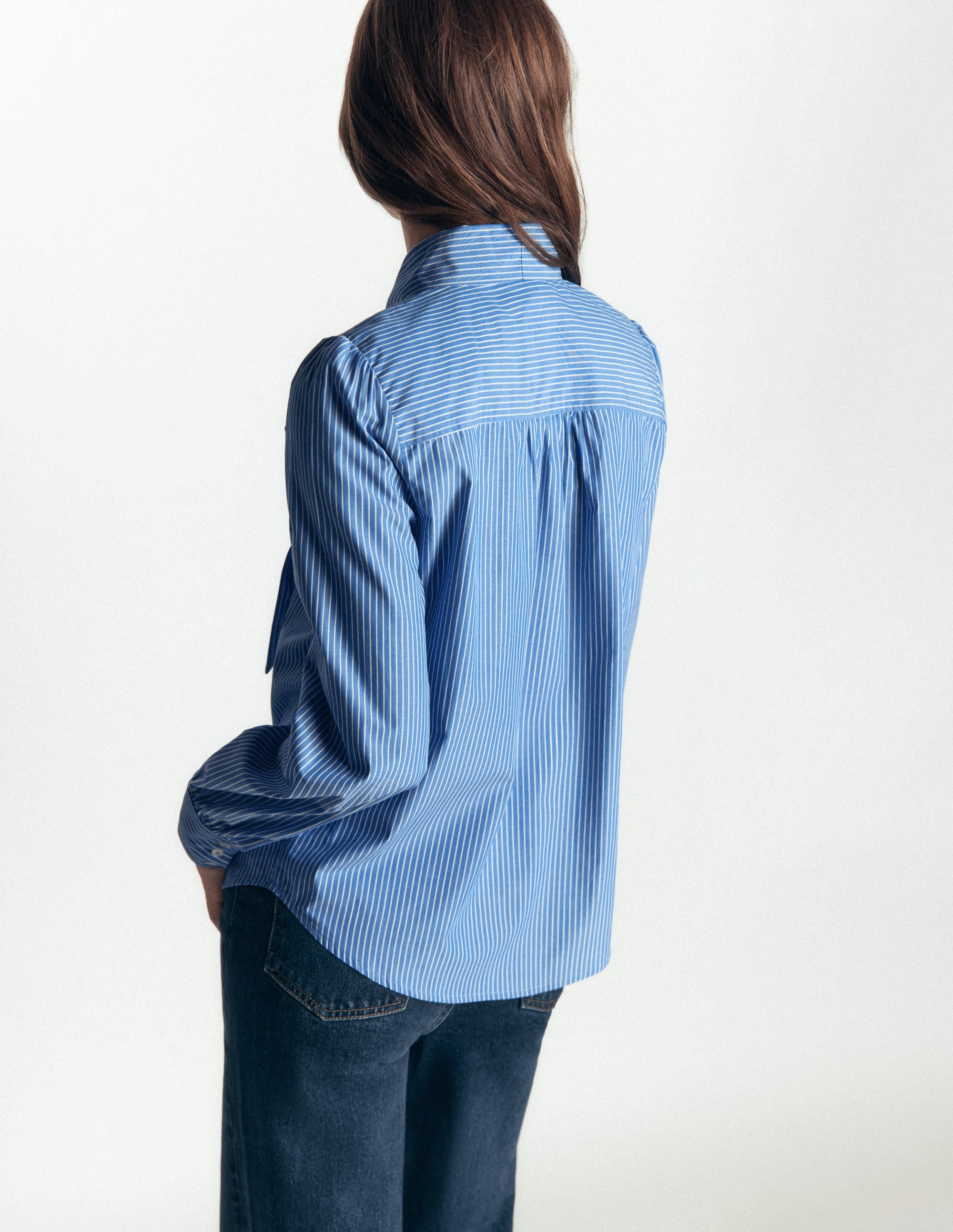 Clara Tie Neck Shirt-Blue, Ivory Fine Stripe - Image 3