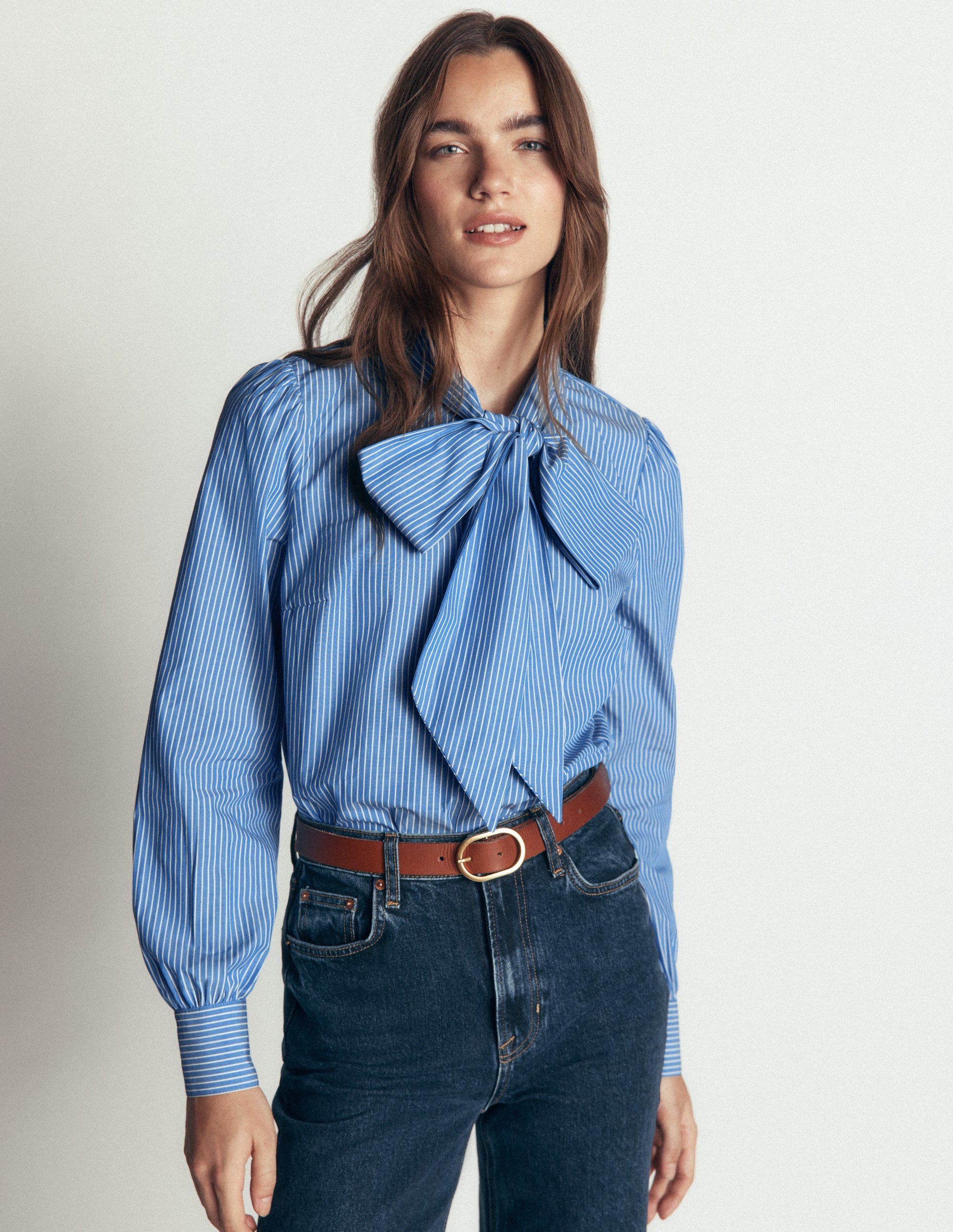 Clara Tie Neck Shirt-Blue, Ivory Fine Stripe-4