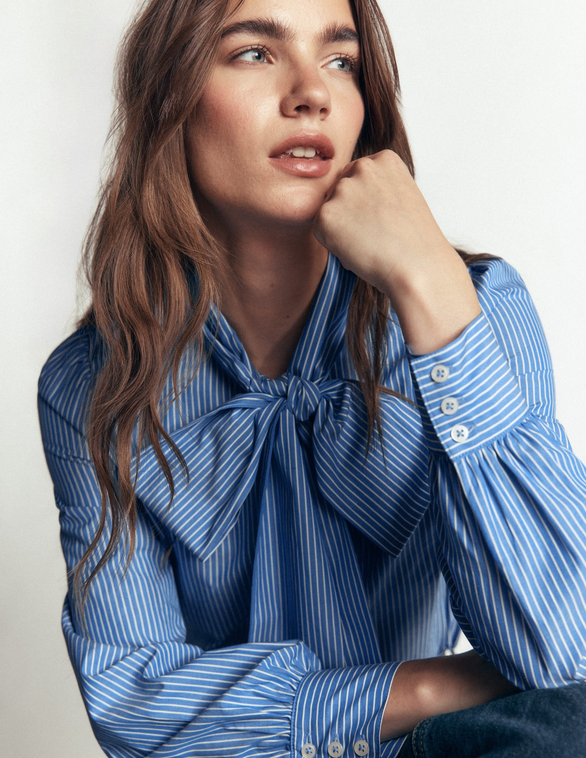 Clara Tie Neck Shirt-Blue, Ivory Fine Stripe - Image 5
