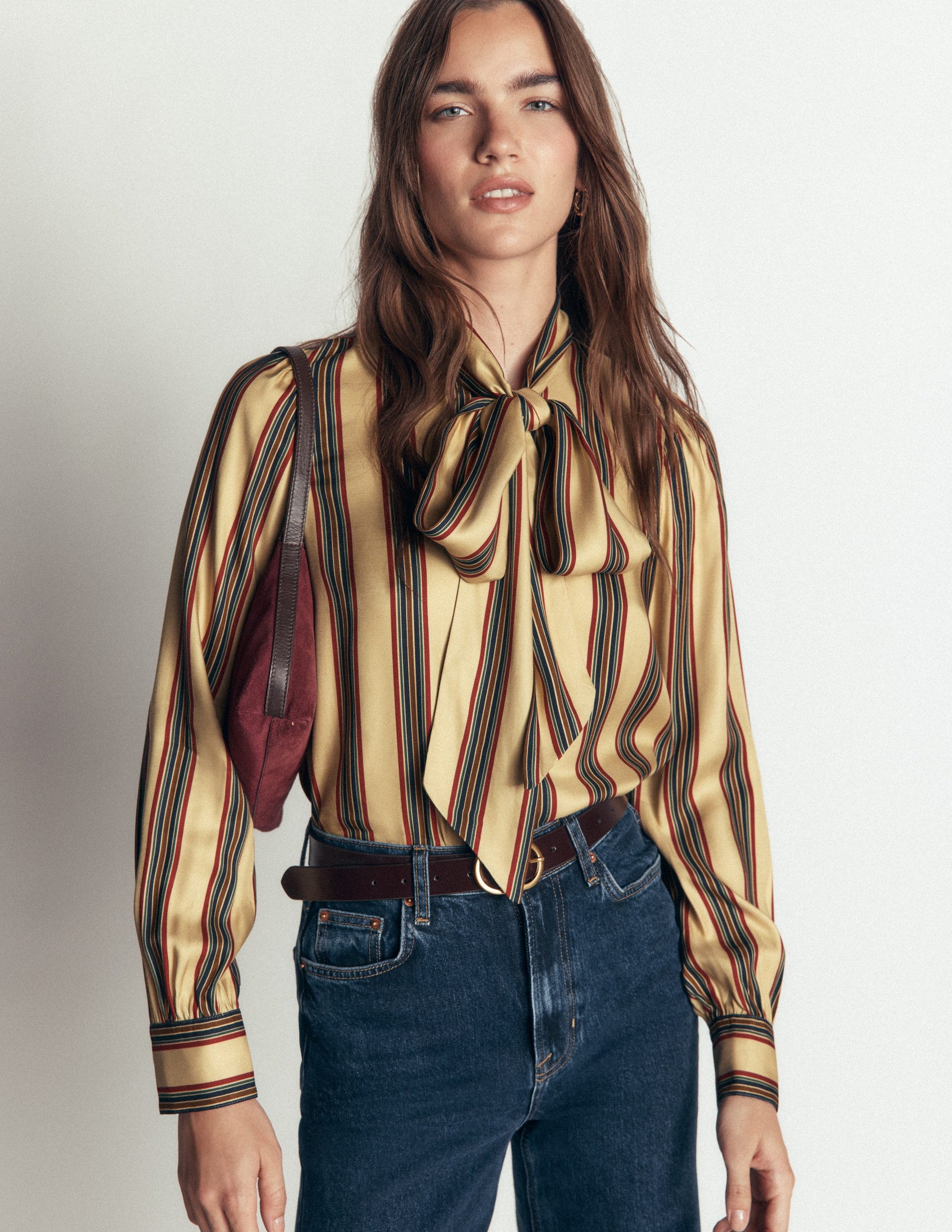 Clara Silk Blend Tie Neck Top-Collegic Stripe-2