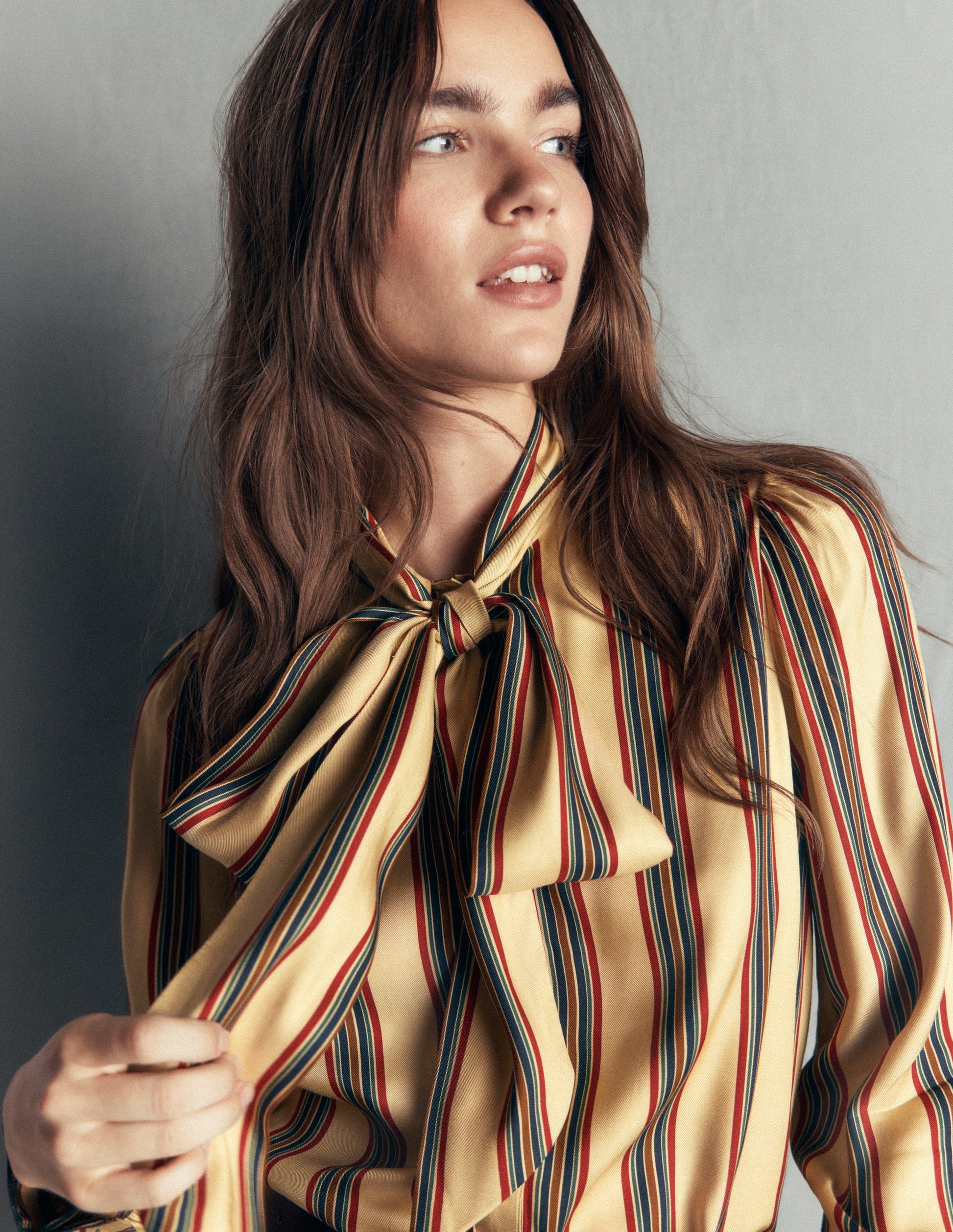 Clara Silk Blend Tie Neck Top-Collegic Stripe-3