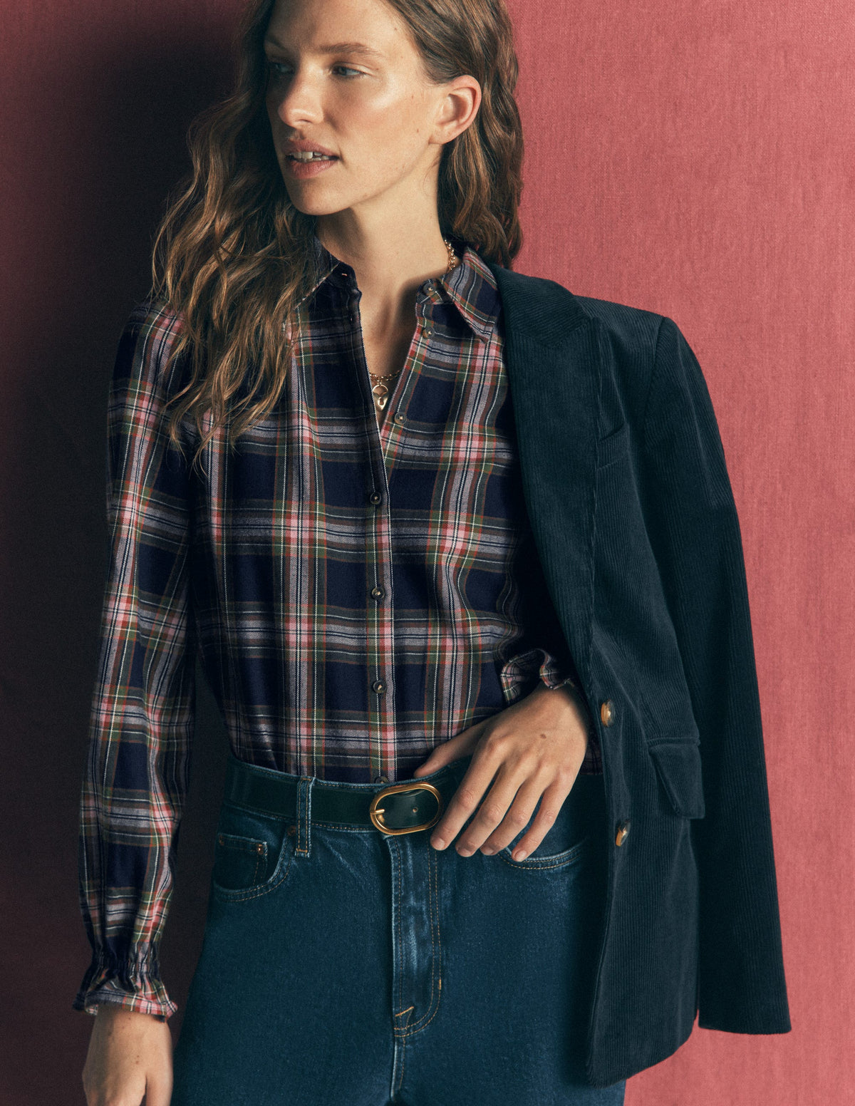 Violet Cotton Top-Navy, Green and Pink Check - Image 1