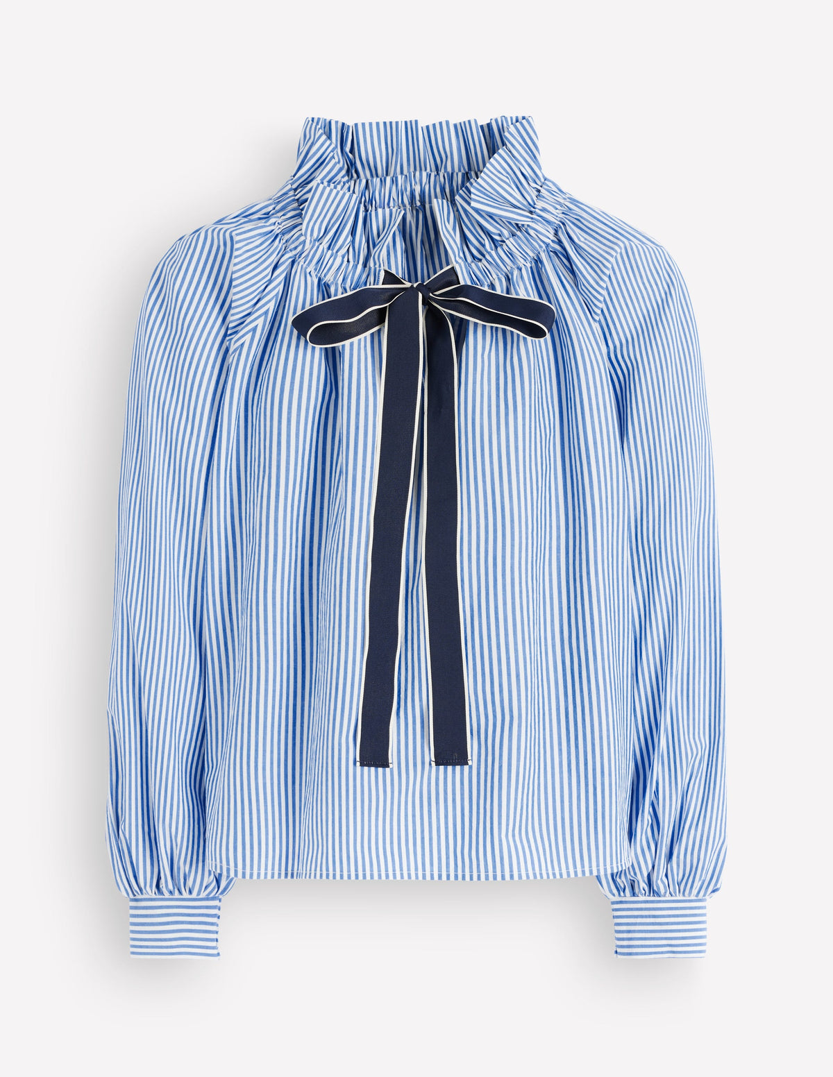 Bow Neck Ruffled Top-Bright Blue, Ivory Stripe-8