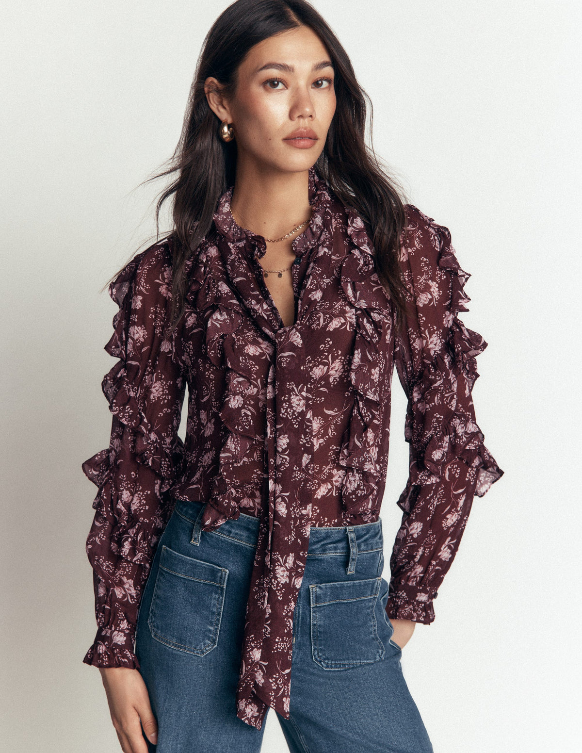 Ruffled Georgette Top-Chocolate, Enchanted Sprigs-1
