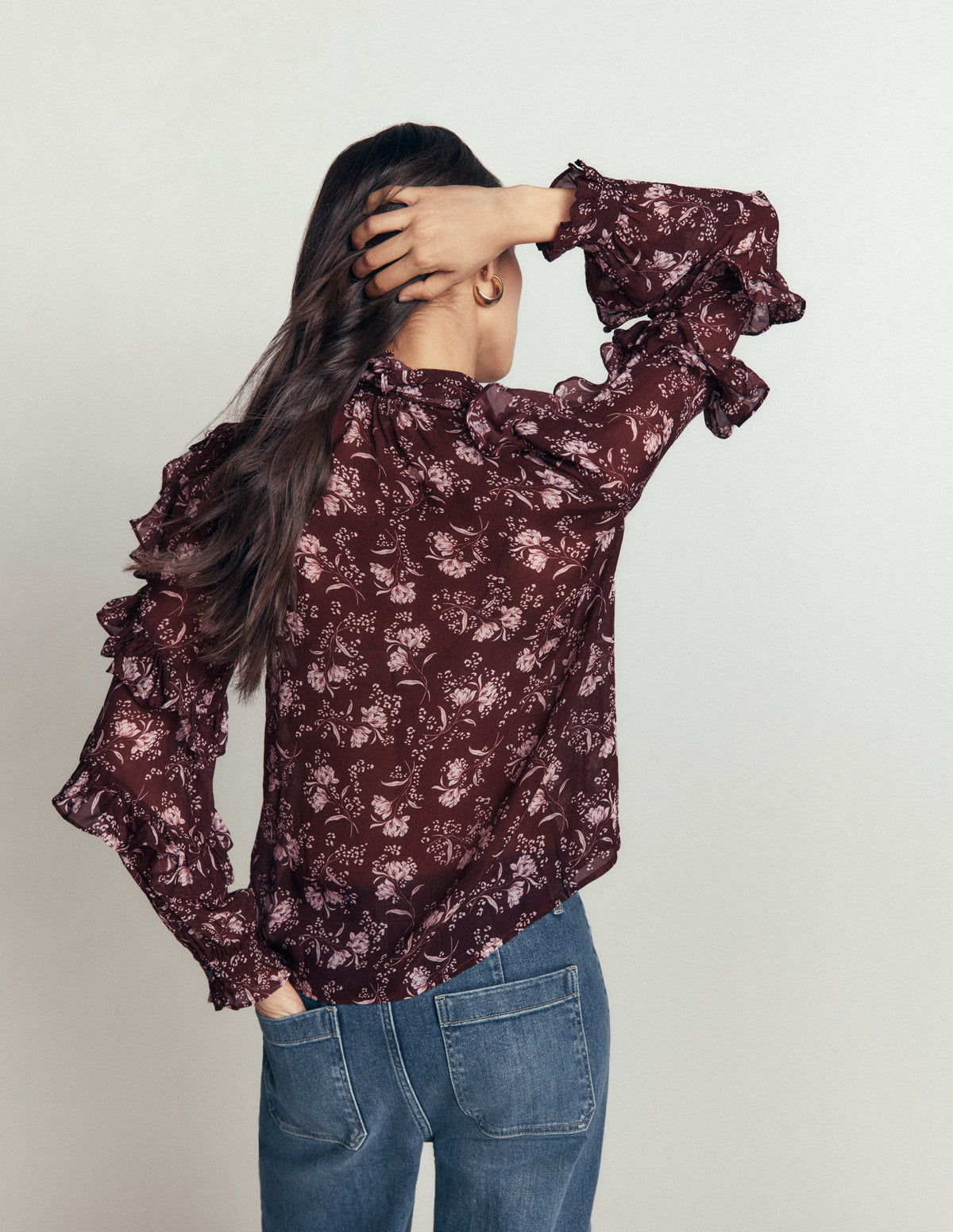 Ruffled Georgette Top-Chocolate, Enchanted Sprigs - Image 3