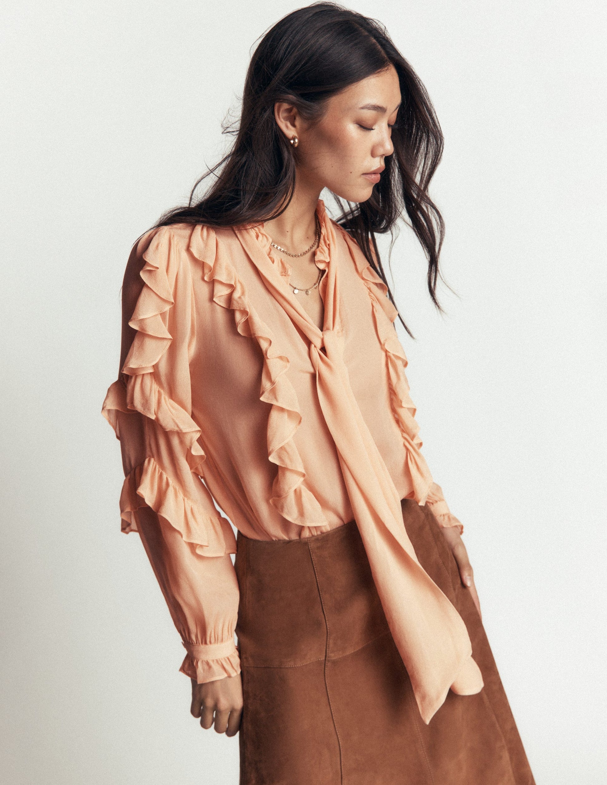 Ruffled Georgette Top-Soft Peach-5