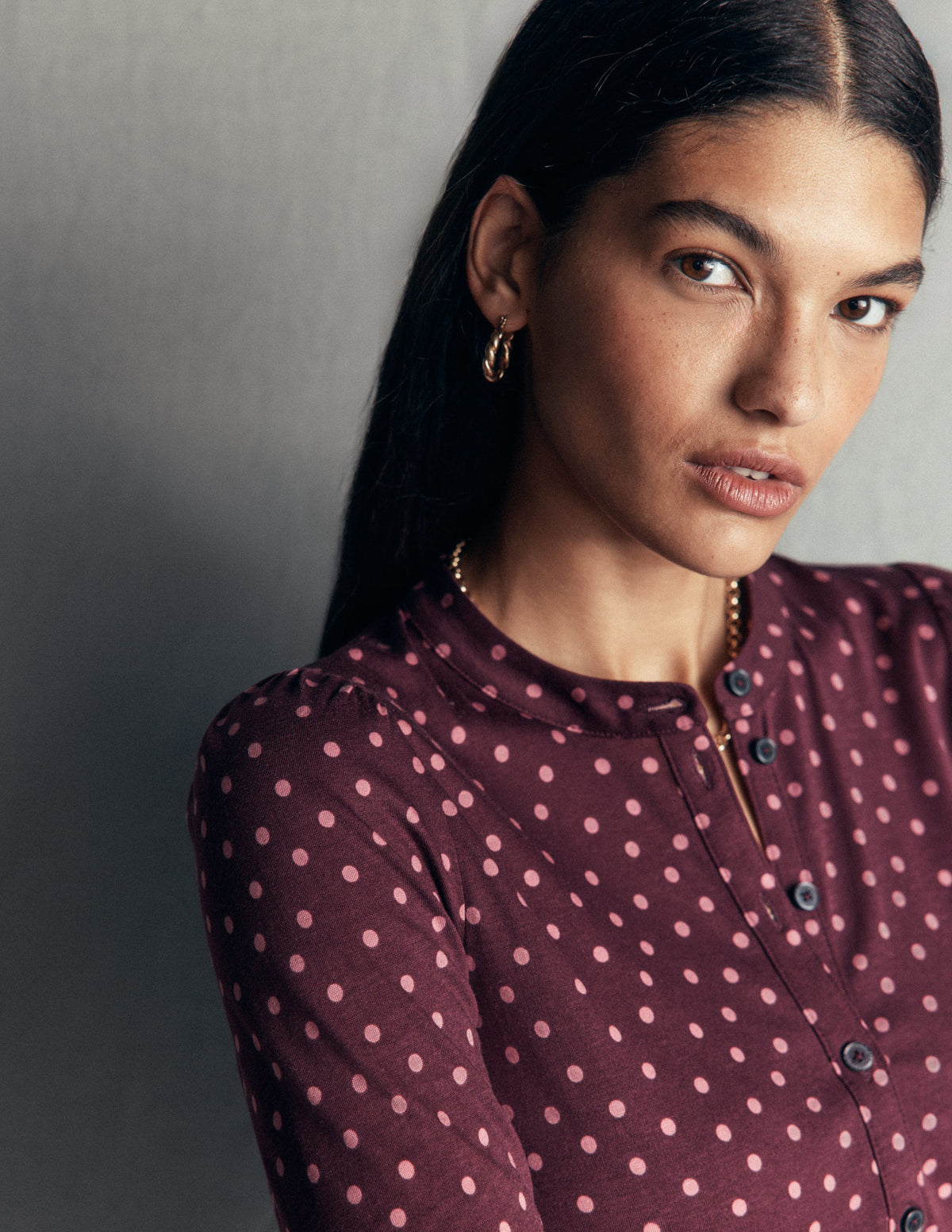 Supersoft Puff Sleeve Shirt-Dark Cherry, Painted Dot - Image 2