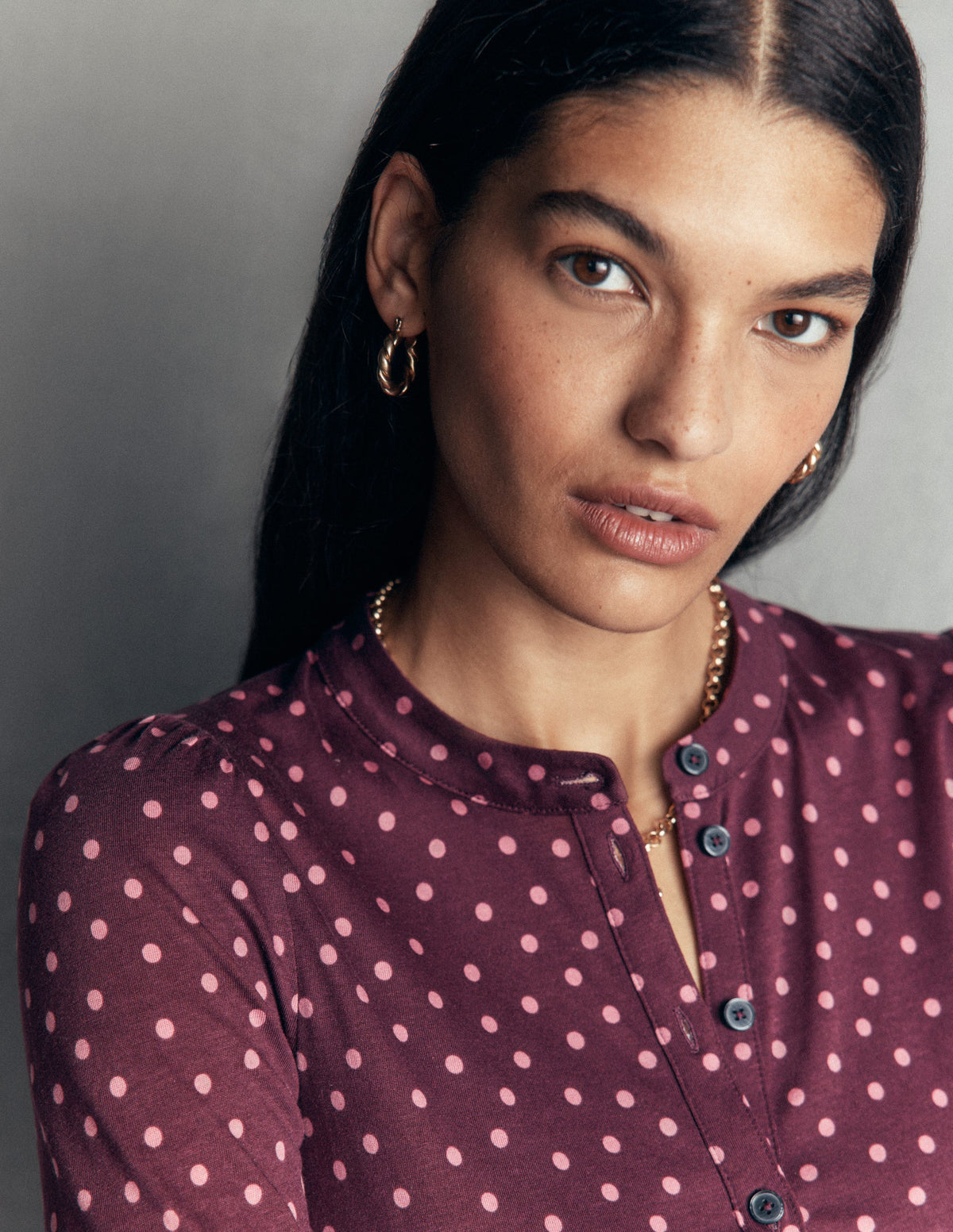Supersoft Puff Sleeve Shirt-Dark Cherry, Painted Dot-5