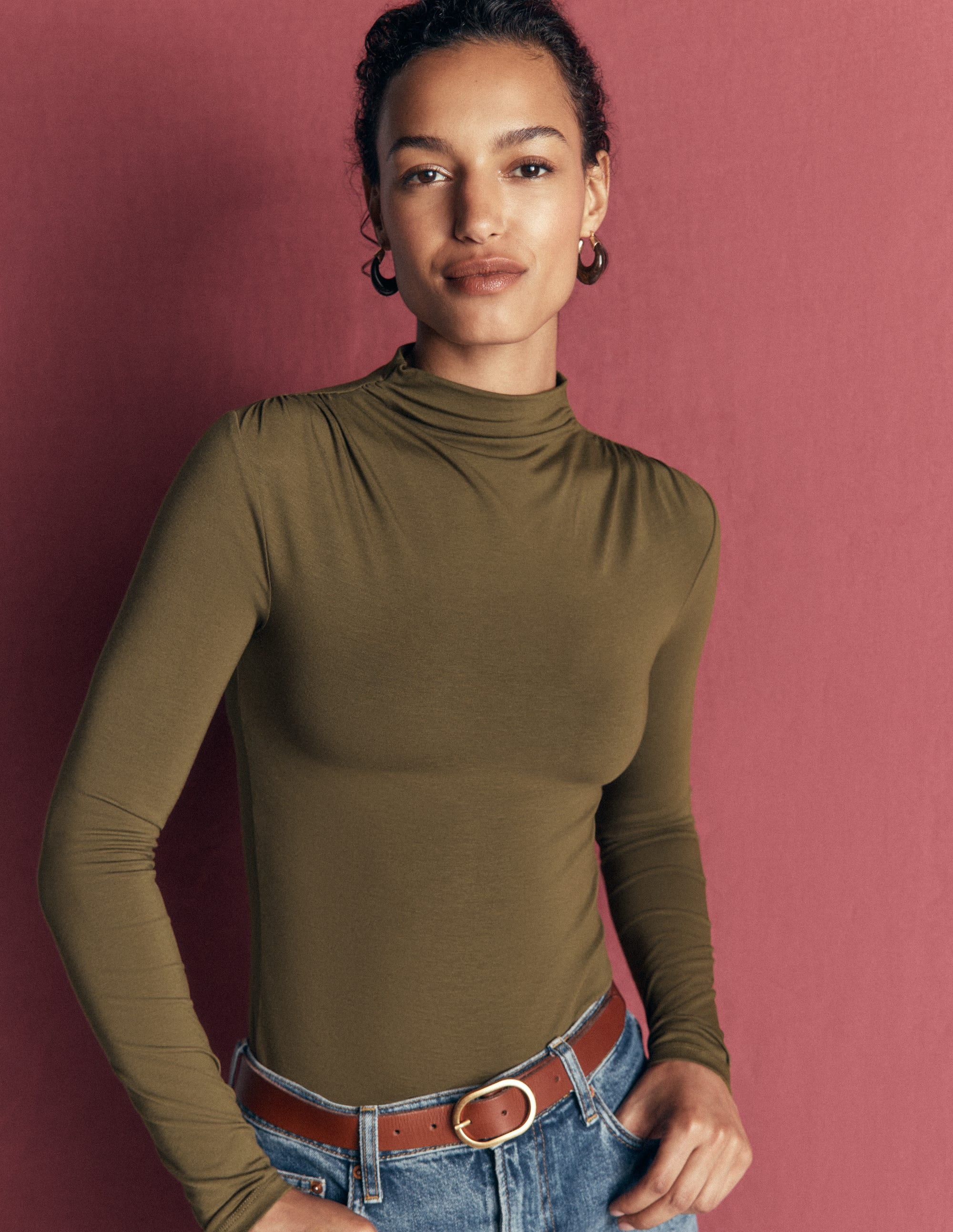 Tia Ruched High Neck Top-Dark Olive - Image 1