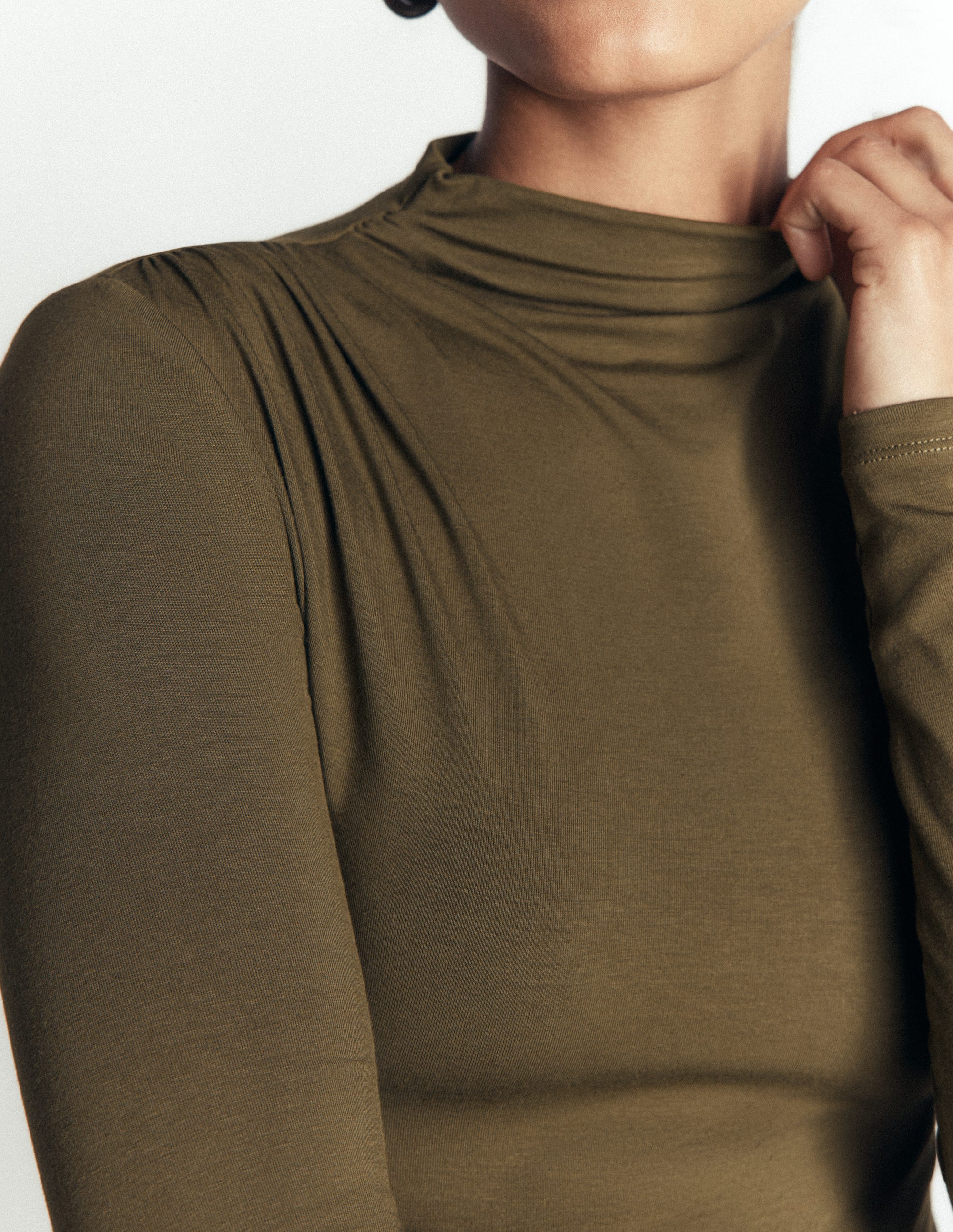 Tia Ruched High Neck Top-Dark Olive - Image 2