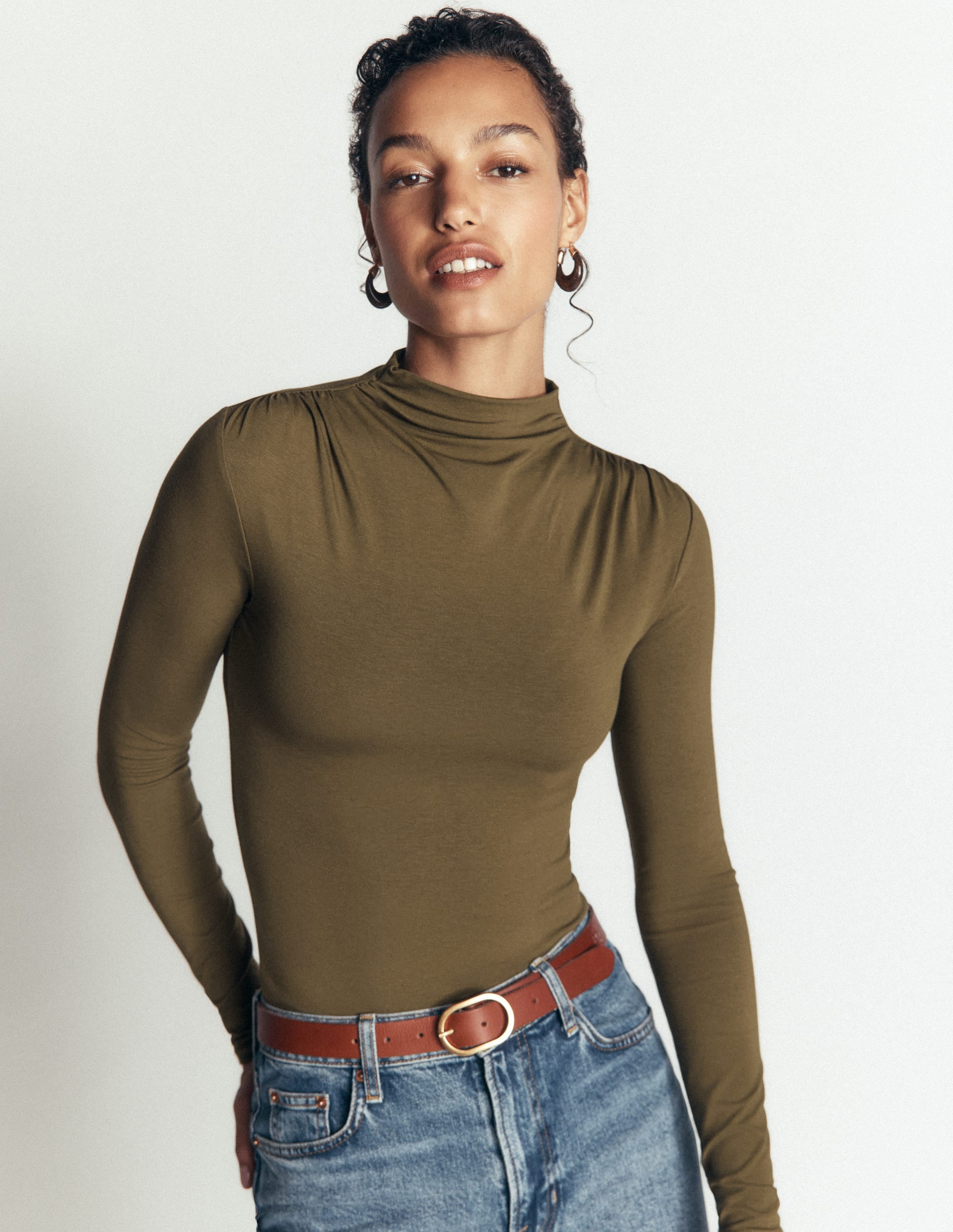 Tia Ruched High Neck Top-Dark Olive - Image 4