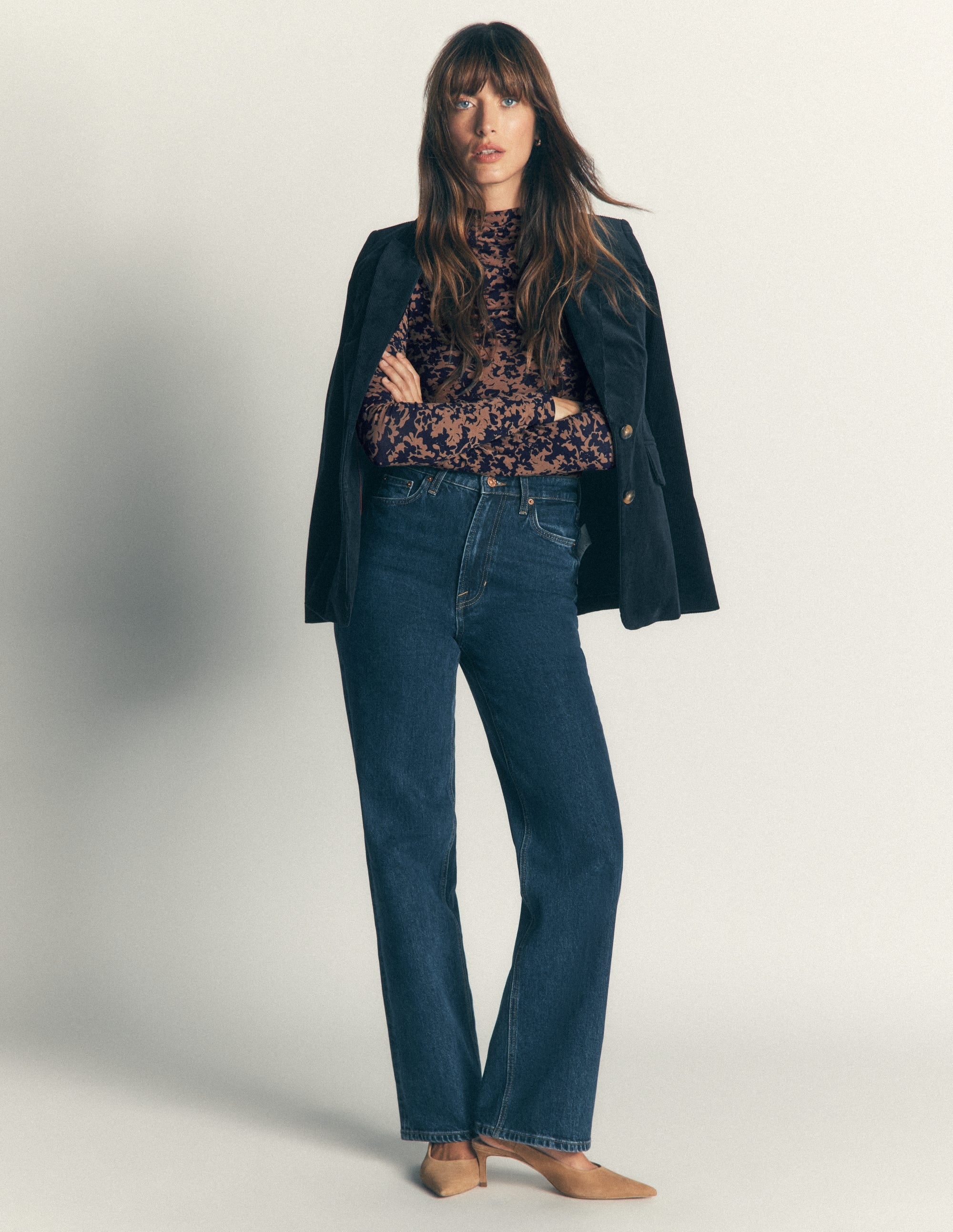 Tia Ruched High Neck Top-Cappuccino, Sprayed Leaf - Image 1