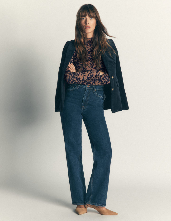 Tia Ruched High Neck Top-Cappuccino, Sprayed Leaf