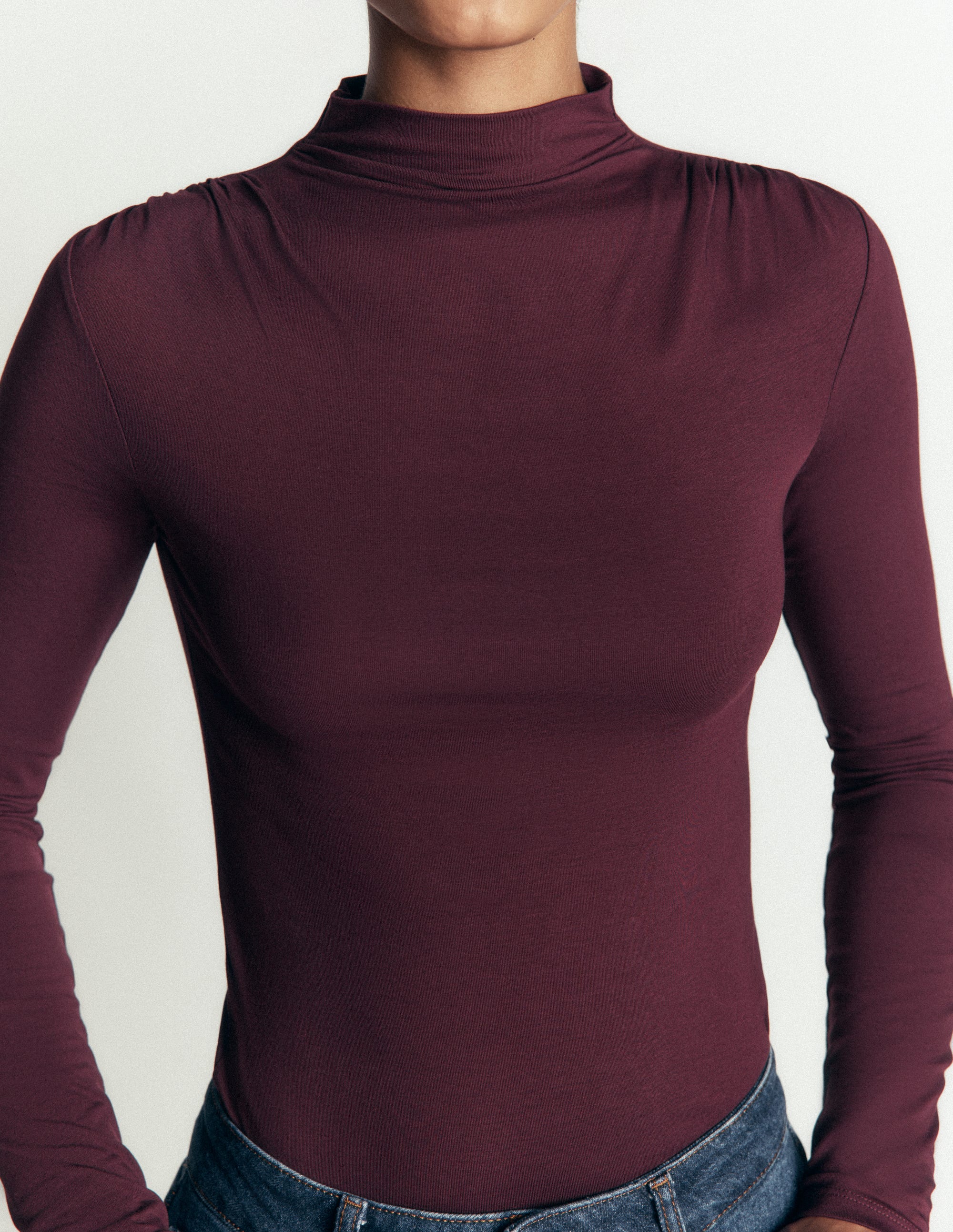Tia Ruched High Neck Top-Dark Cherry - Image 2