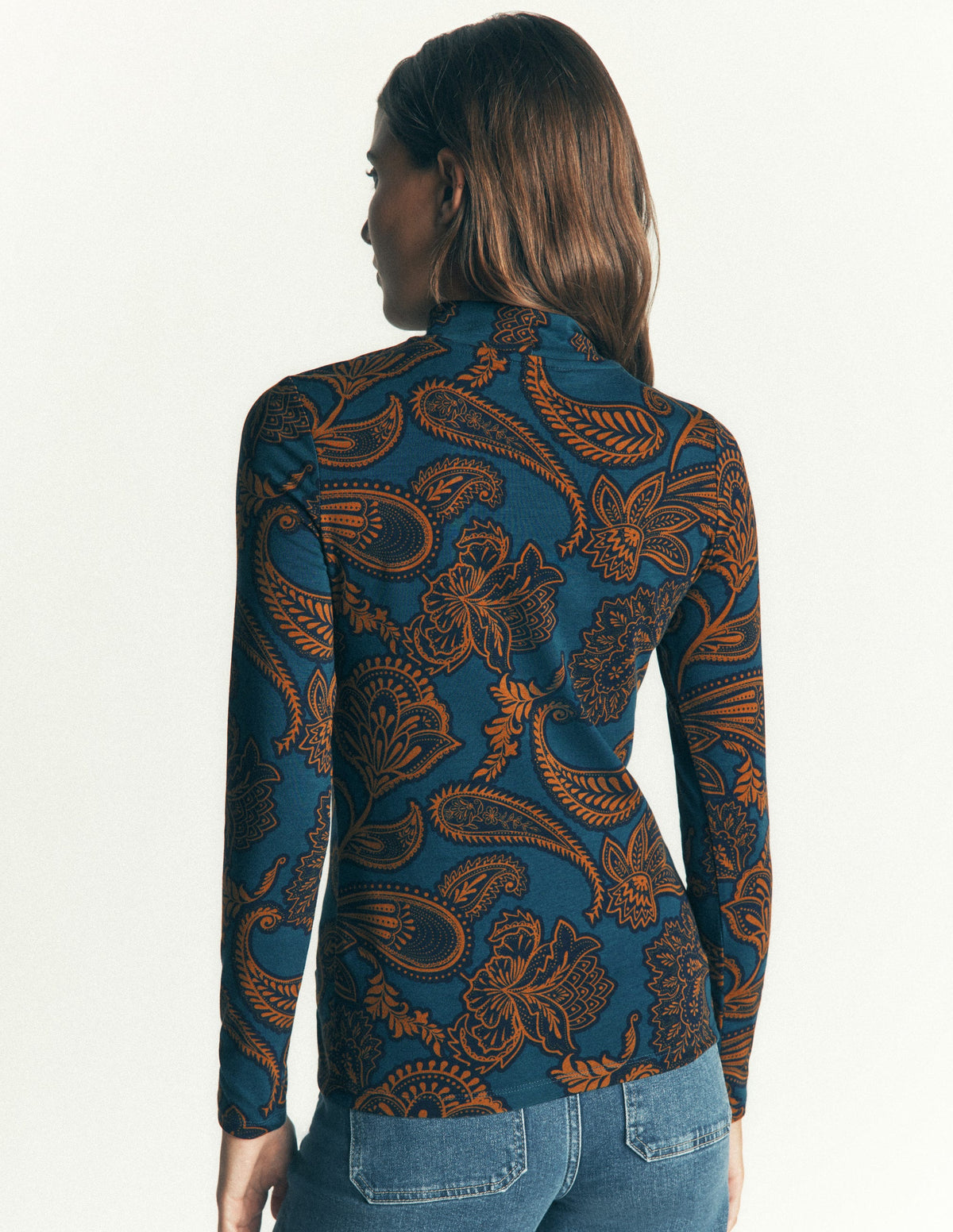 High Neck Jersey Top-Midnight Blue, Paisley Bouquet - Image 3