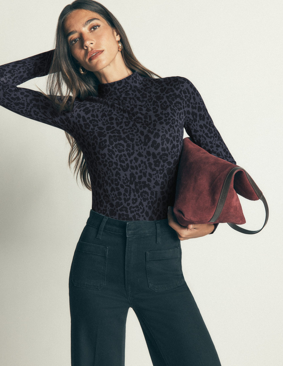 High Neck Jersey Top-Grey, Leopard Smudge-1