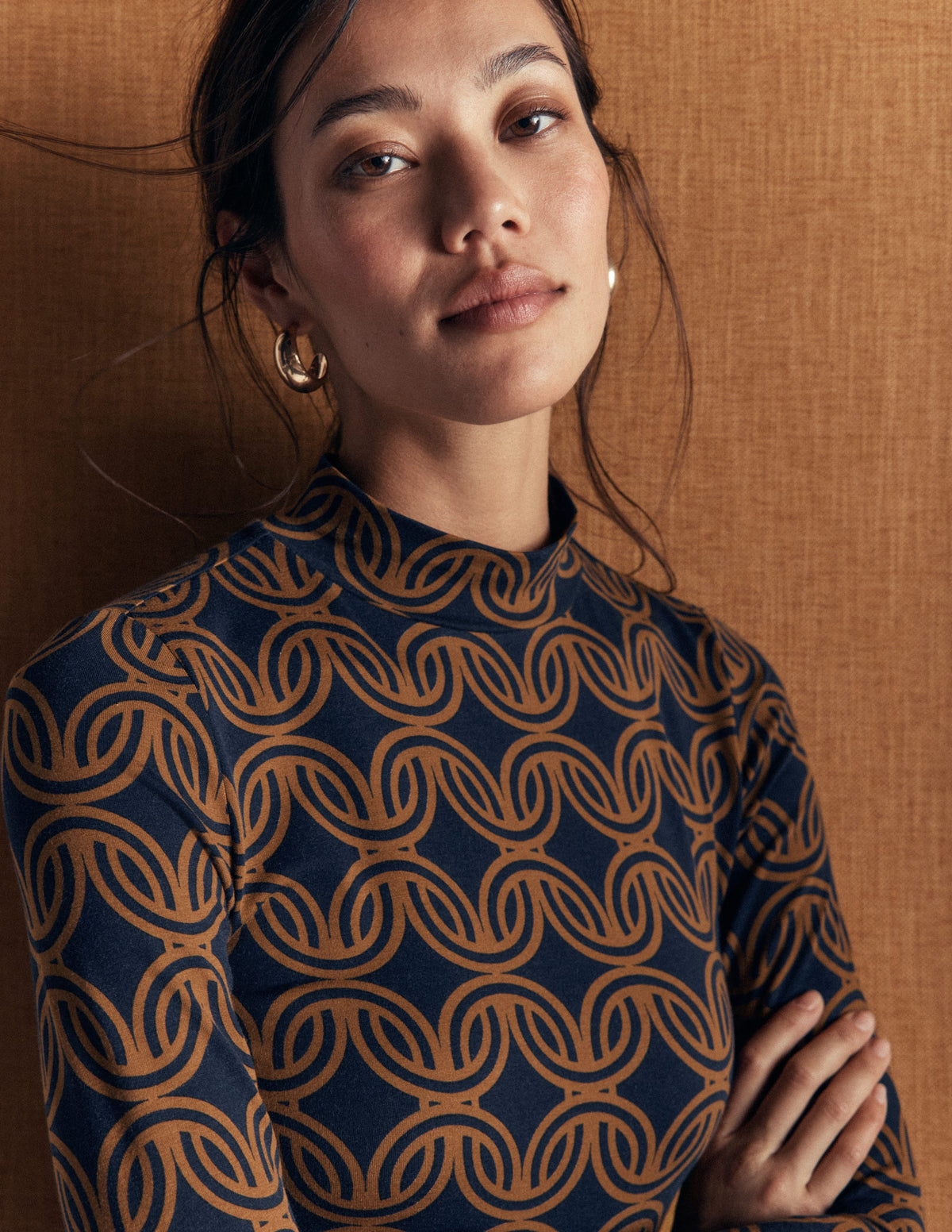 High Neck Jersey Top-French Navy, Geo Parade Mono-2