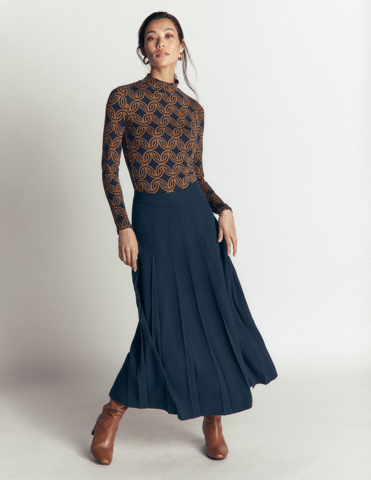 High Neck Jersey Top-French Navy, Geo Parade Mono-4