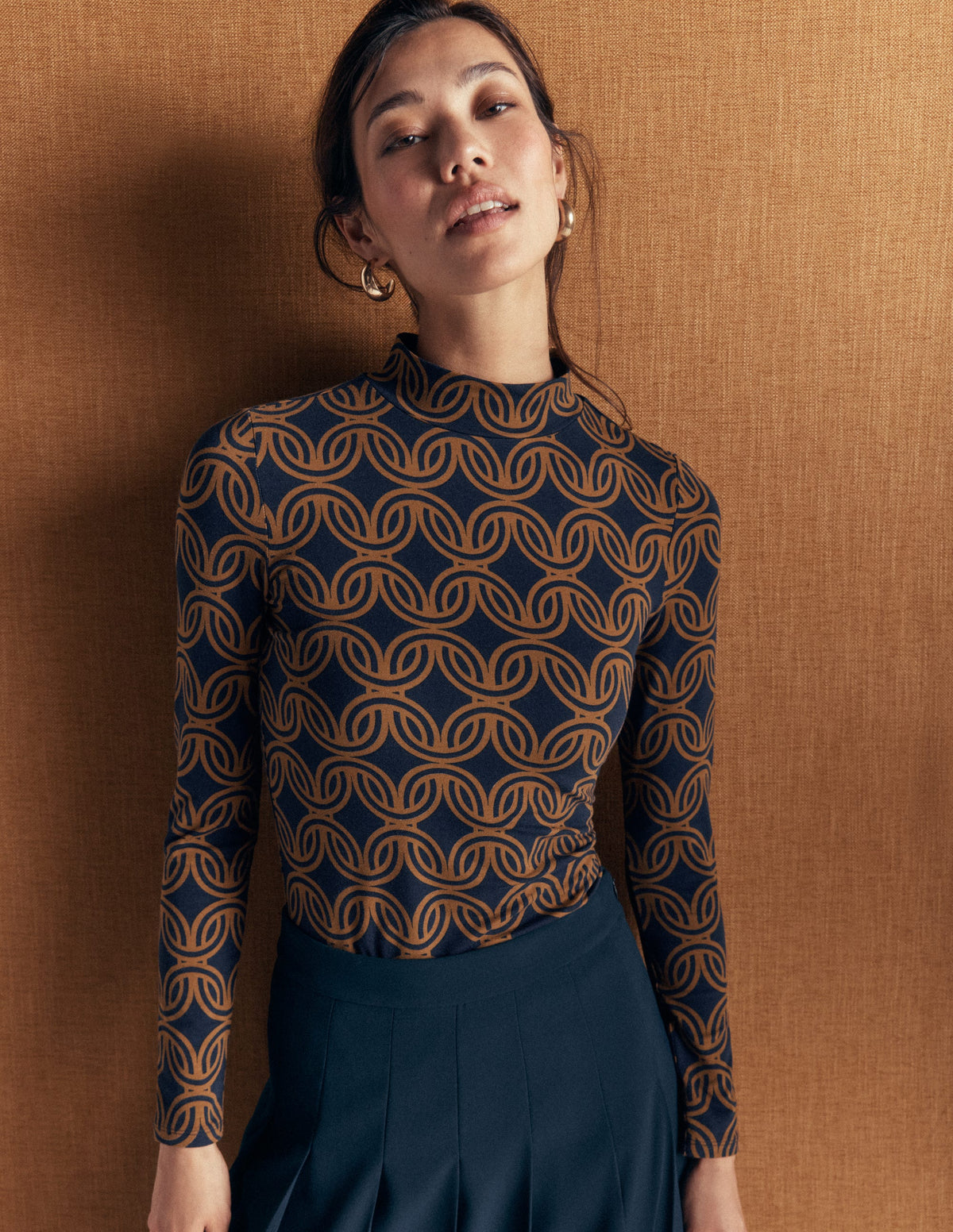 High Neck Jersey Top-French Navy, Geo Parade Mono-5