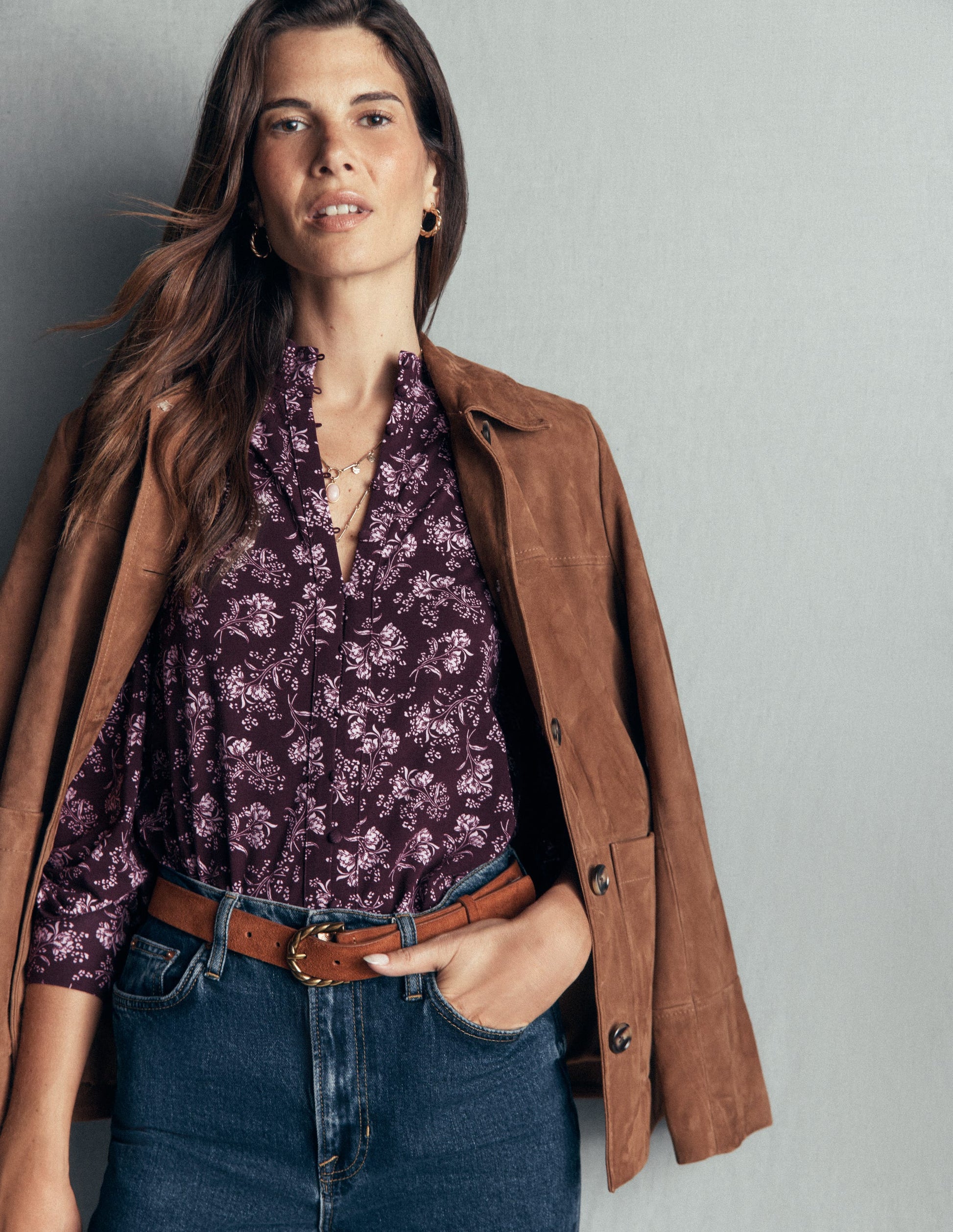 Isla Funnel Neck Button Blouse-Fudge, Enchanted Sprigs-2