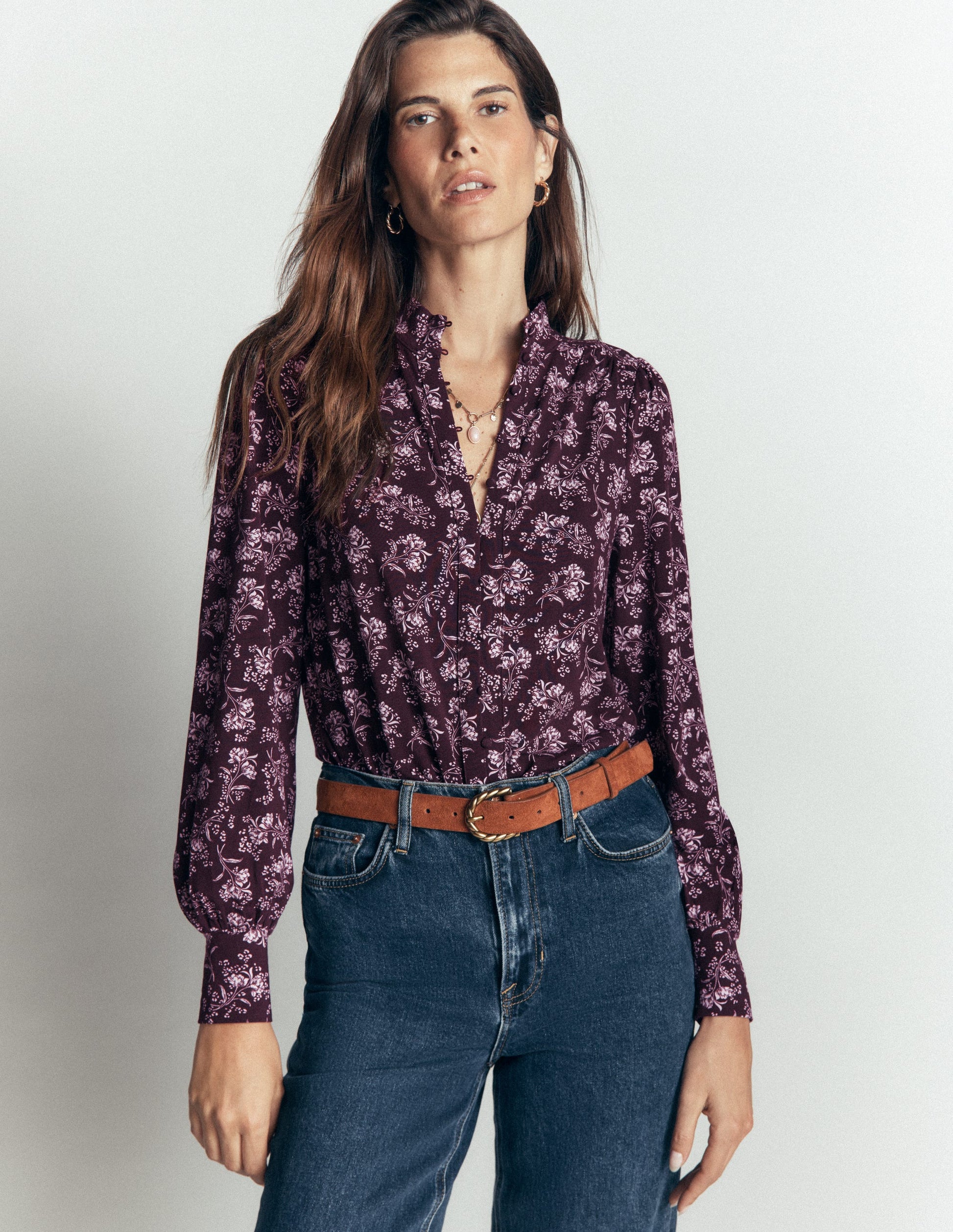 Isla Funnel Neck Button Blouse-Fudge, Enchanted Sprigs-5