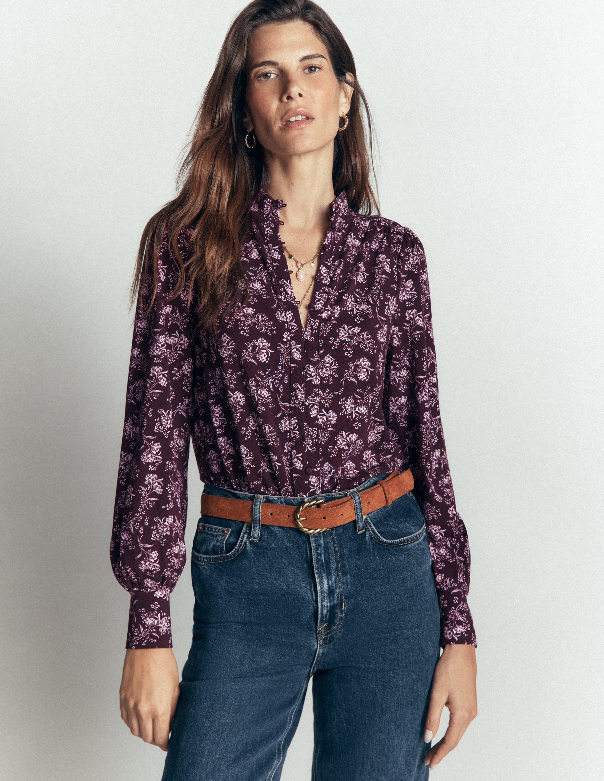 Isla Funnel Neck Button Blouse-Fudge, Enchanted Sprigs - Image 5