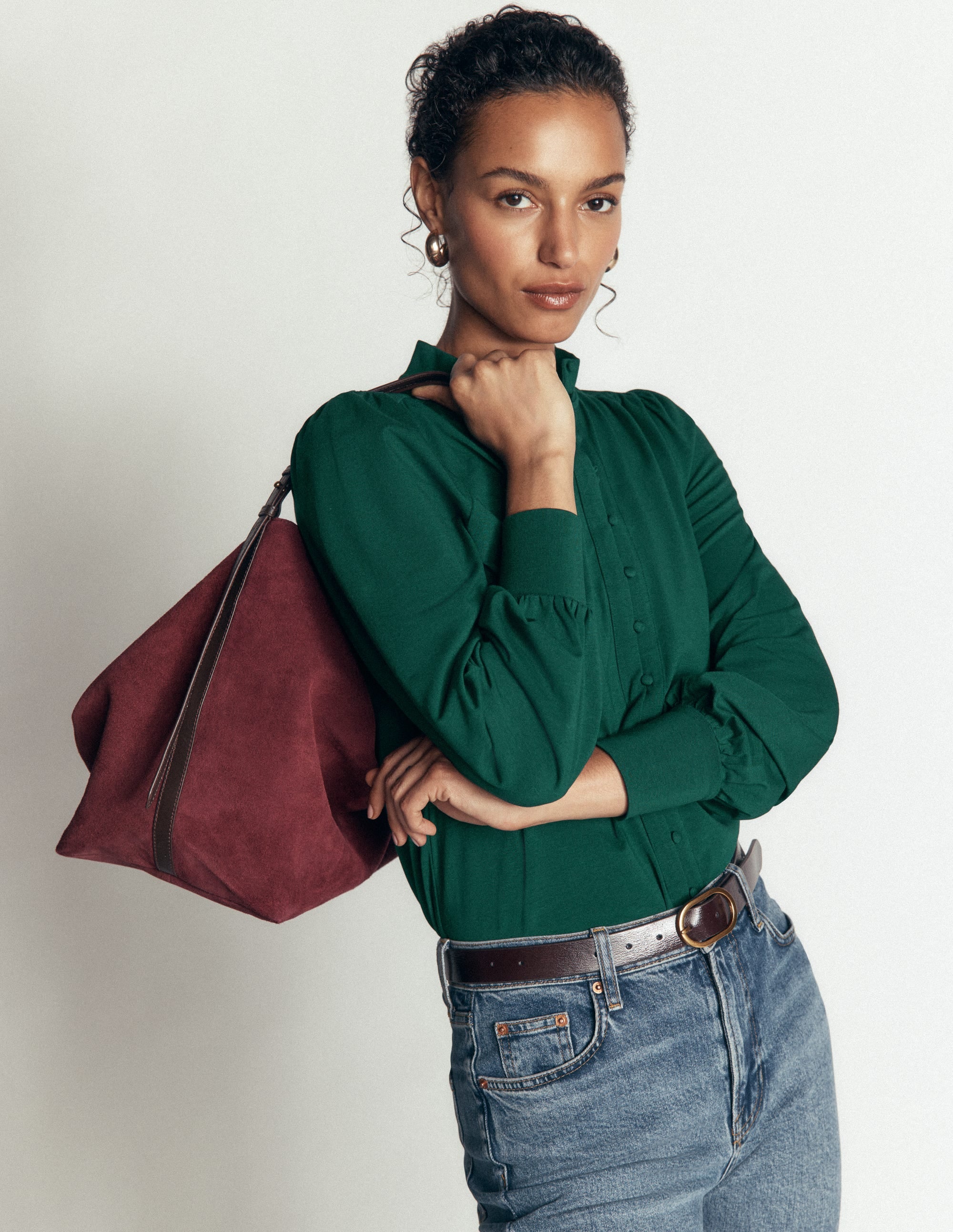 Isla Funnel Neck Button Blouse-Emerald Night - Image 1