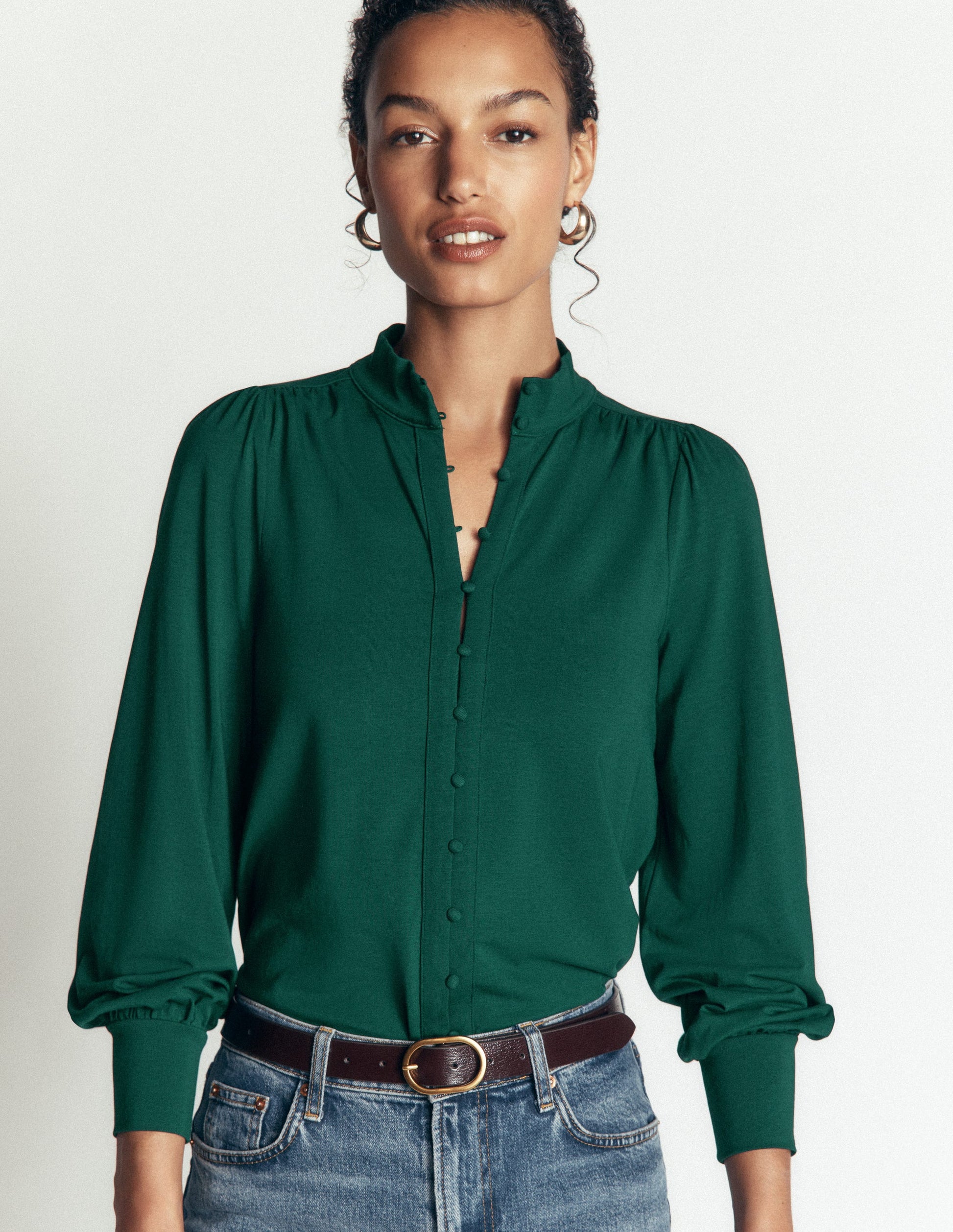 Isla Funnel Neck Button Blouse-Emerald Night-2