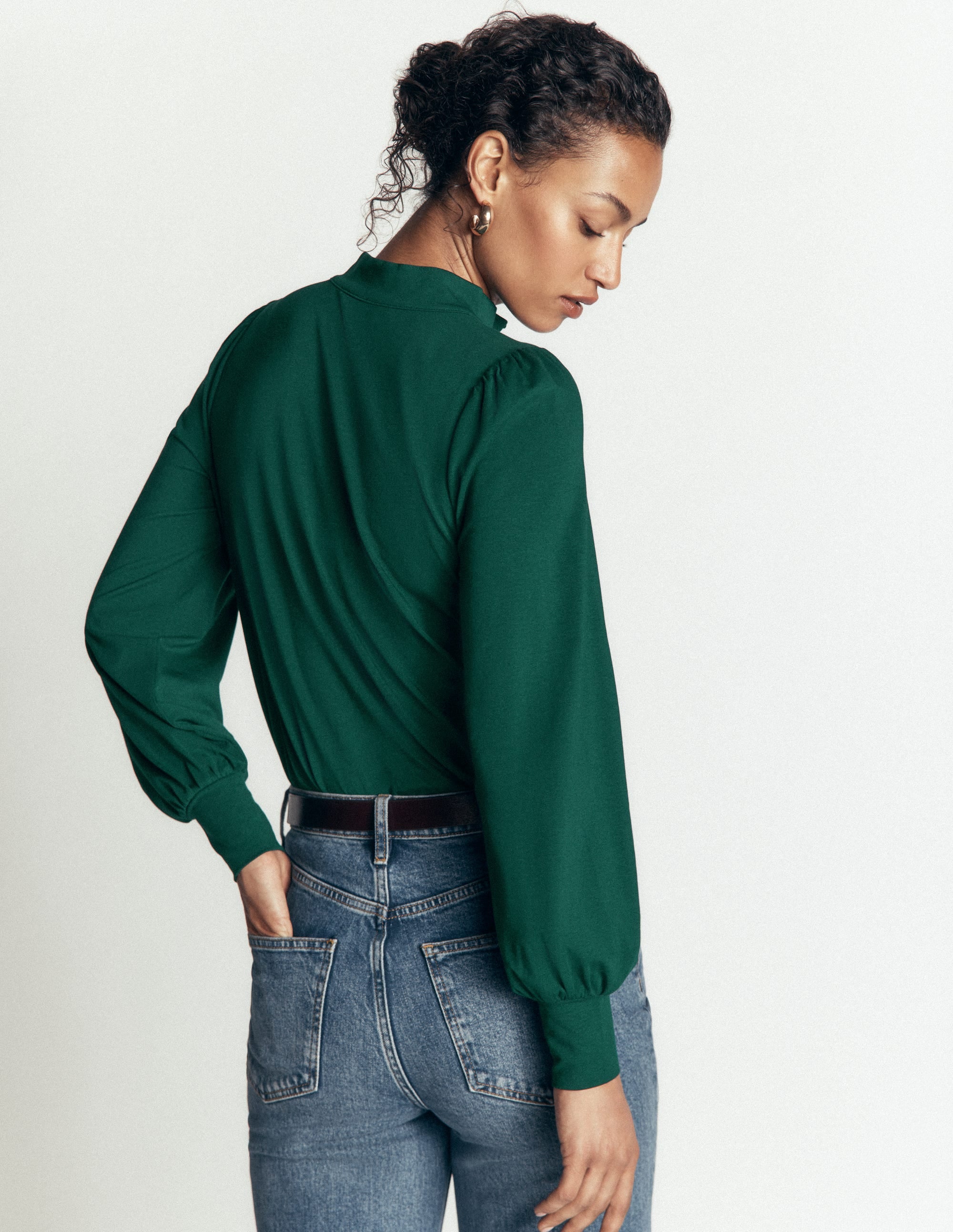 Isla Funnel Neck Button Blouse-Emerald Night - Image 3