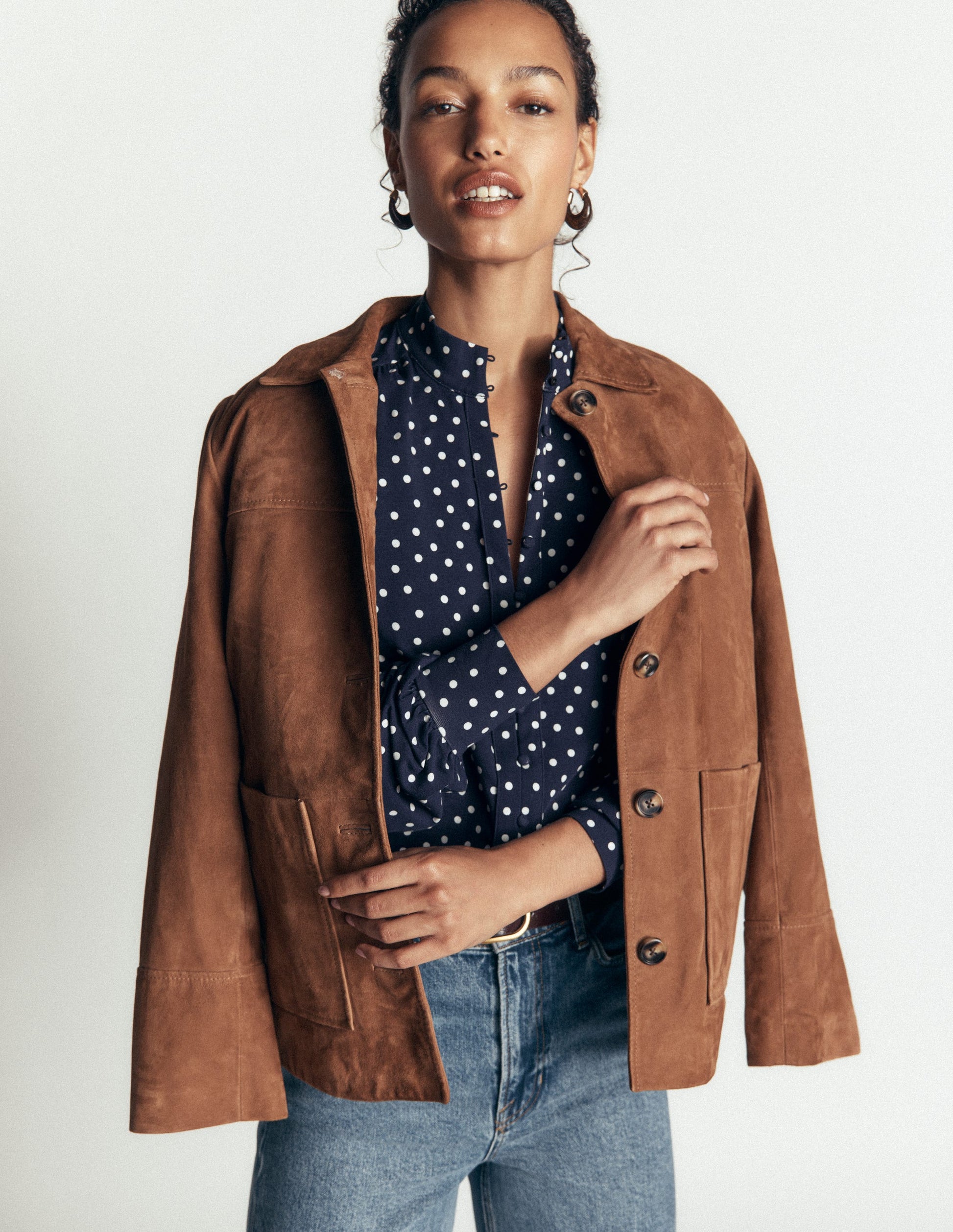 Isla Funnel Neck Button Blouse-Navy Spot-1