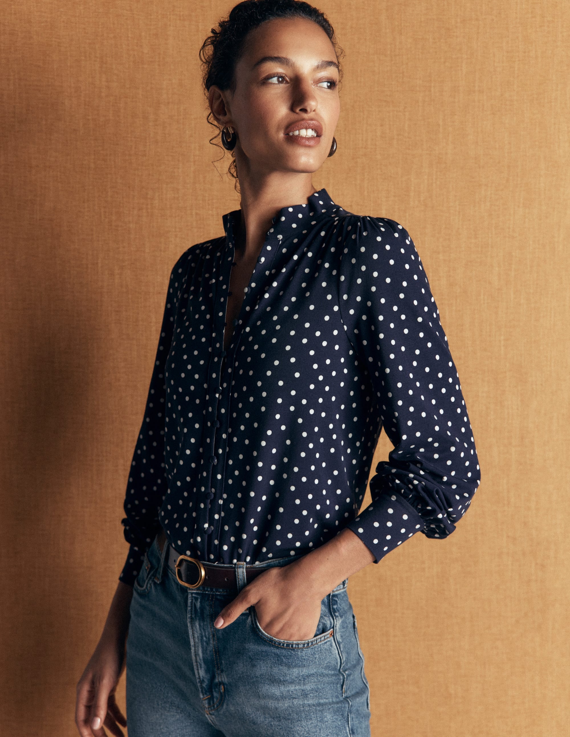 Isla Funnel Neck Button Blouse-Navy Spot - Image 2