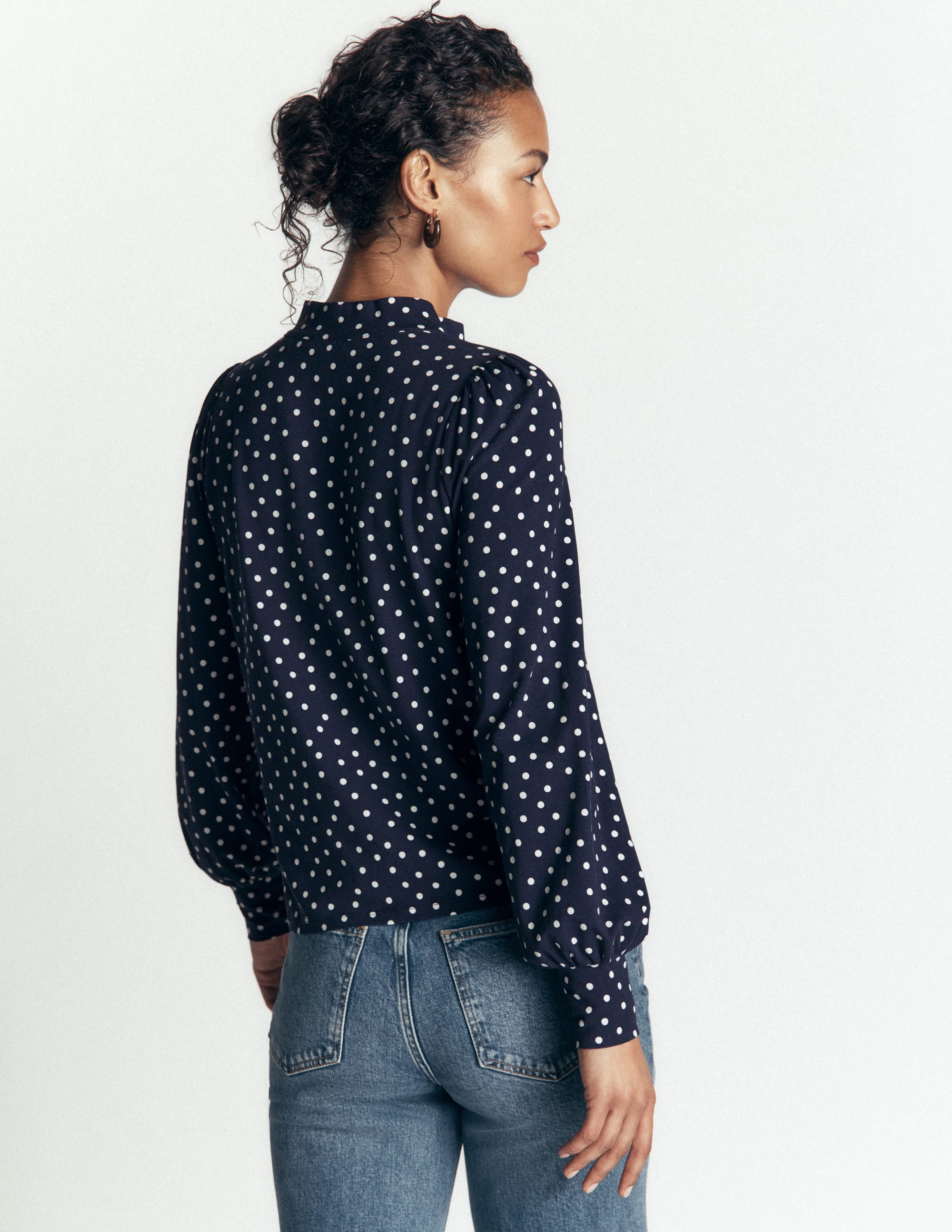 Isla Funnel Neck Button Blouse-Navy Spot - Image 3