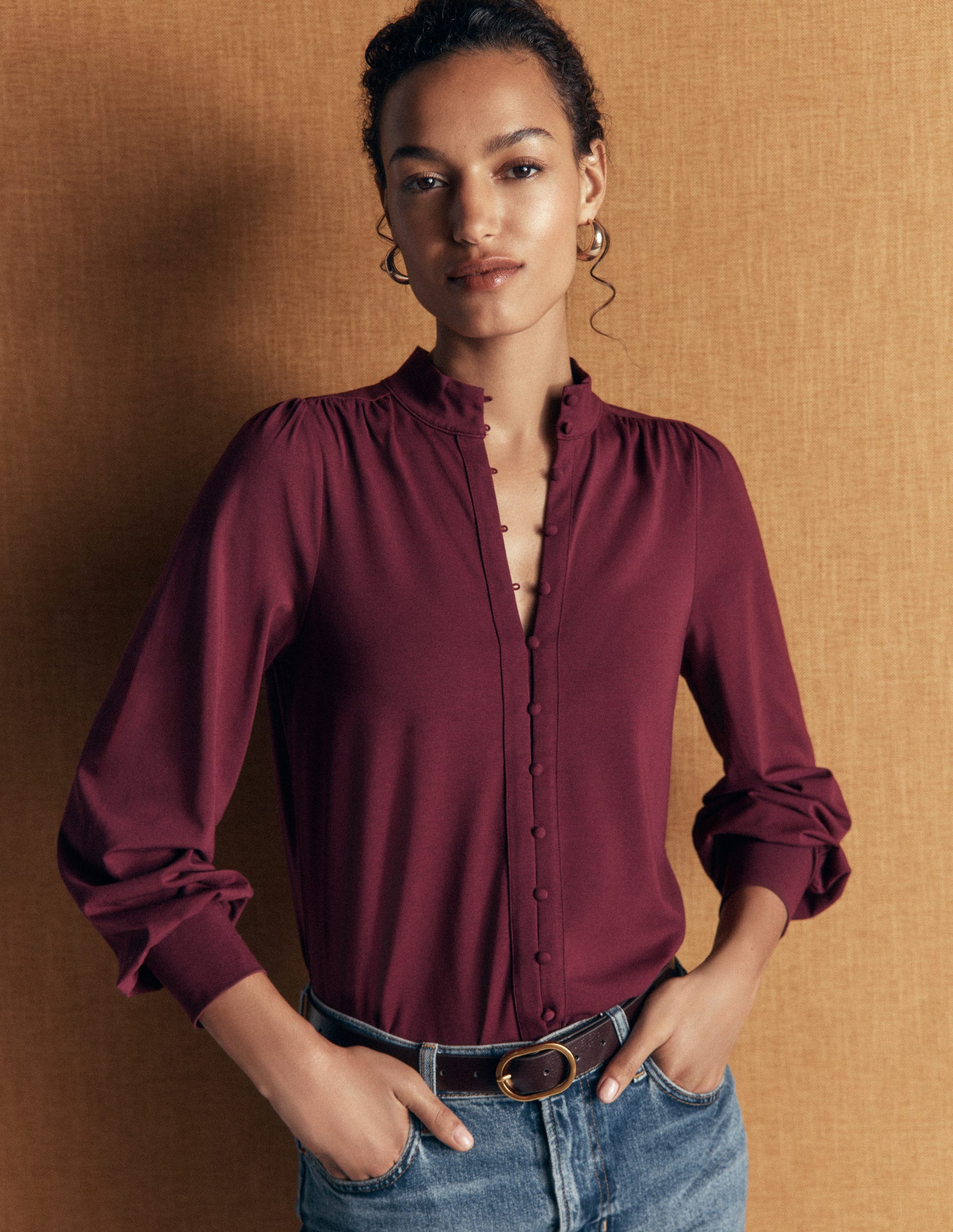 Isla Funnel Neck Button Blouse-Deep Wisteria-5