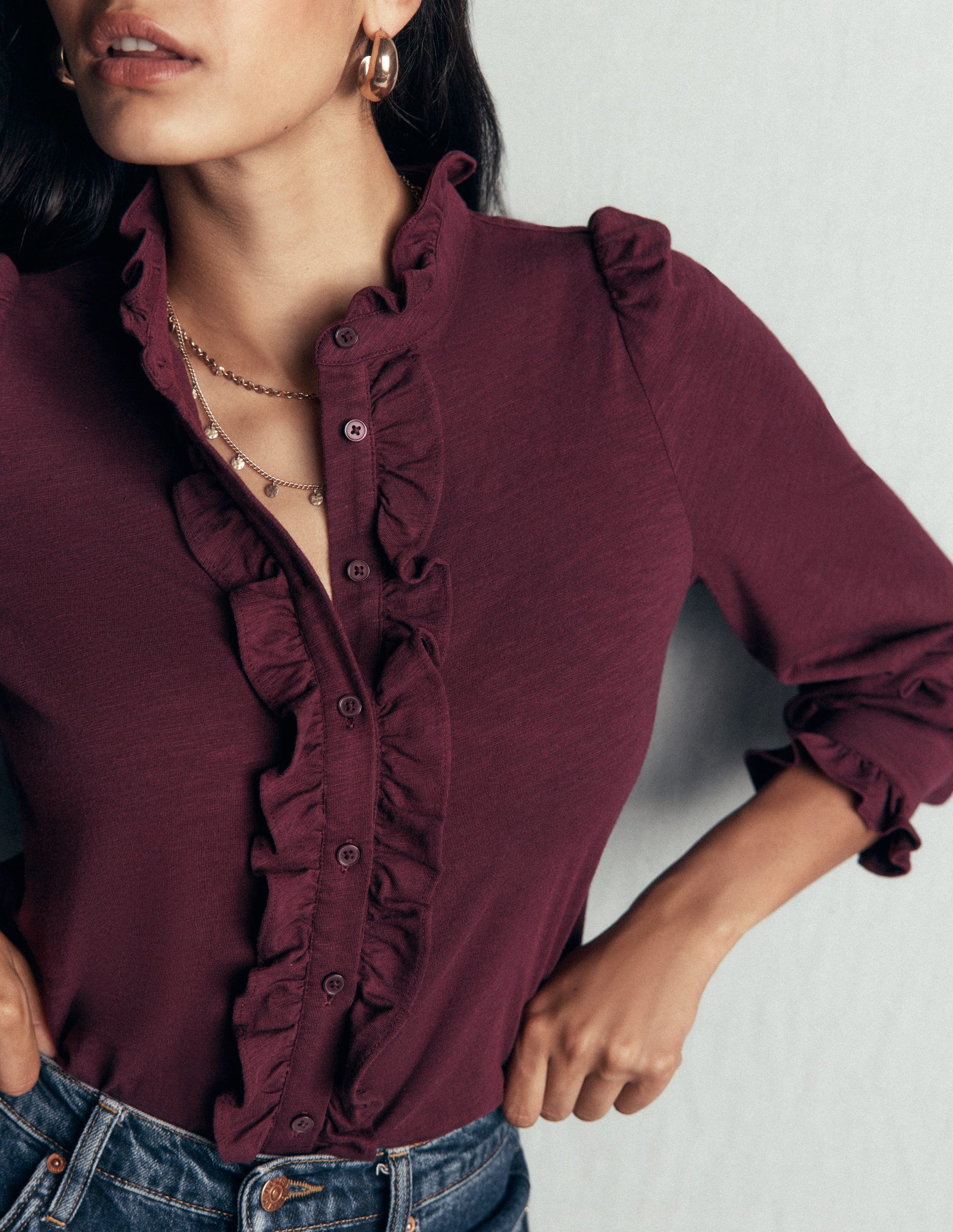 Jersey Frill Blouse-Dark Cherry-2