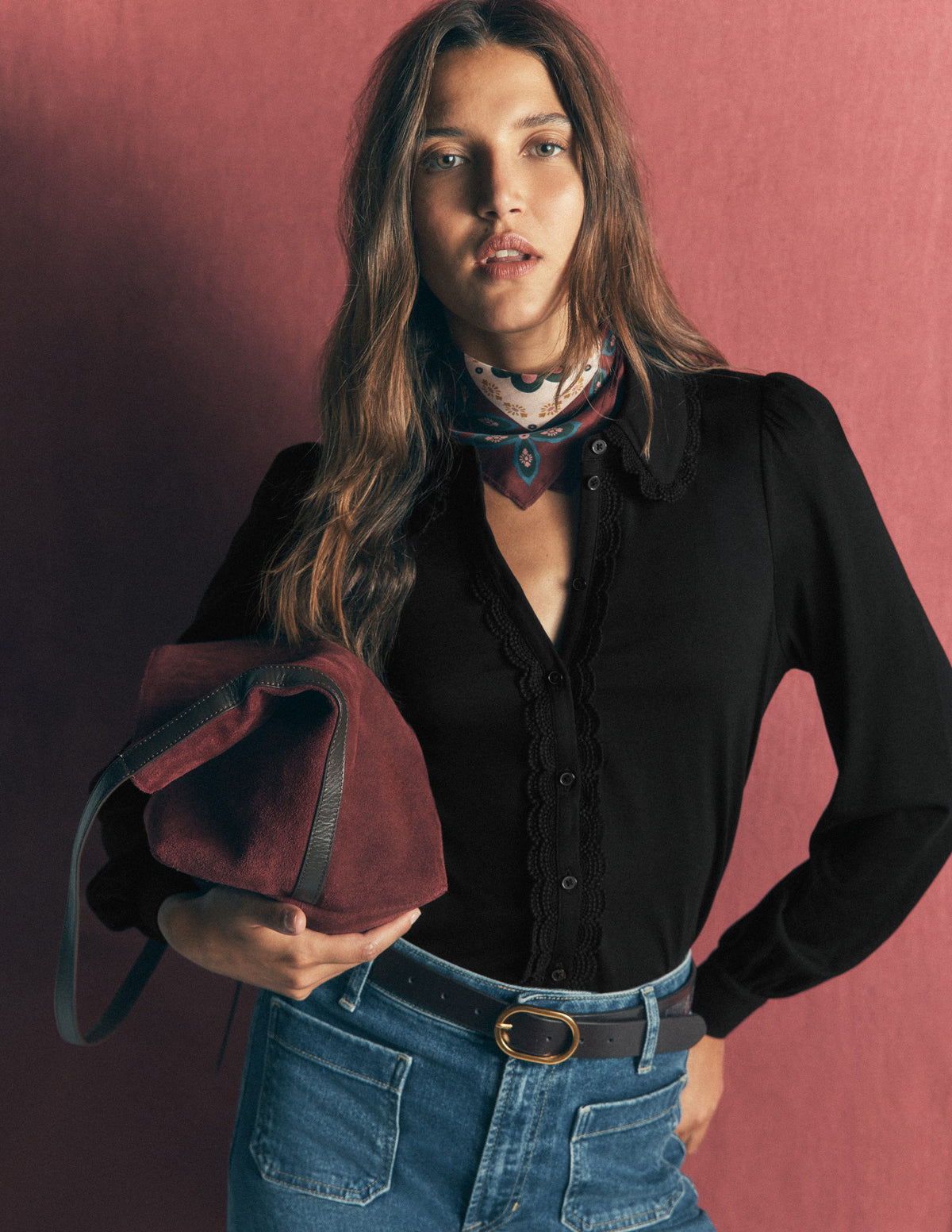 Lace Frill Blouse-Black-1