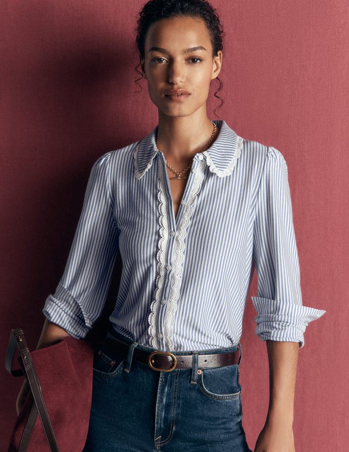 Lace Frill Blouse-Faded Denim and Ivory Stripe