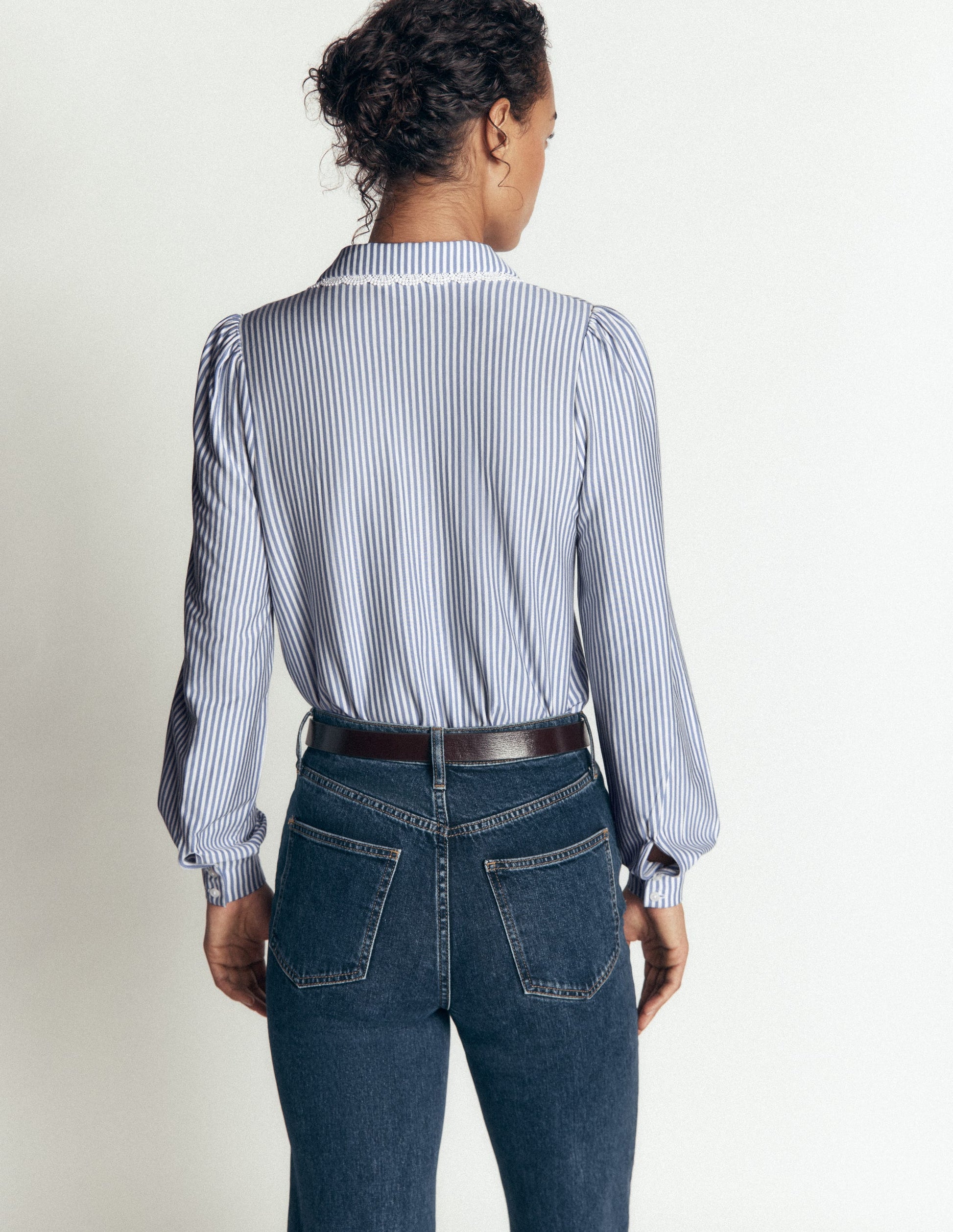 Lace Frill Blouse-Faded Denim and Ivory Stripe-3