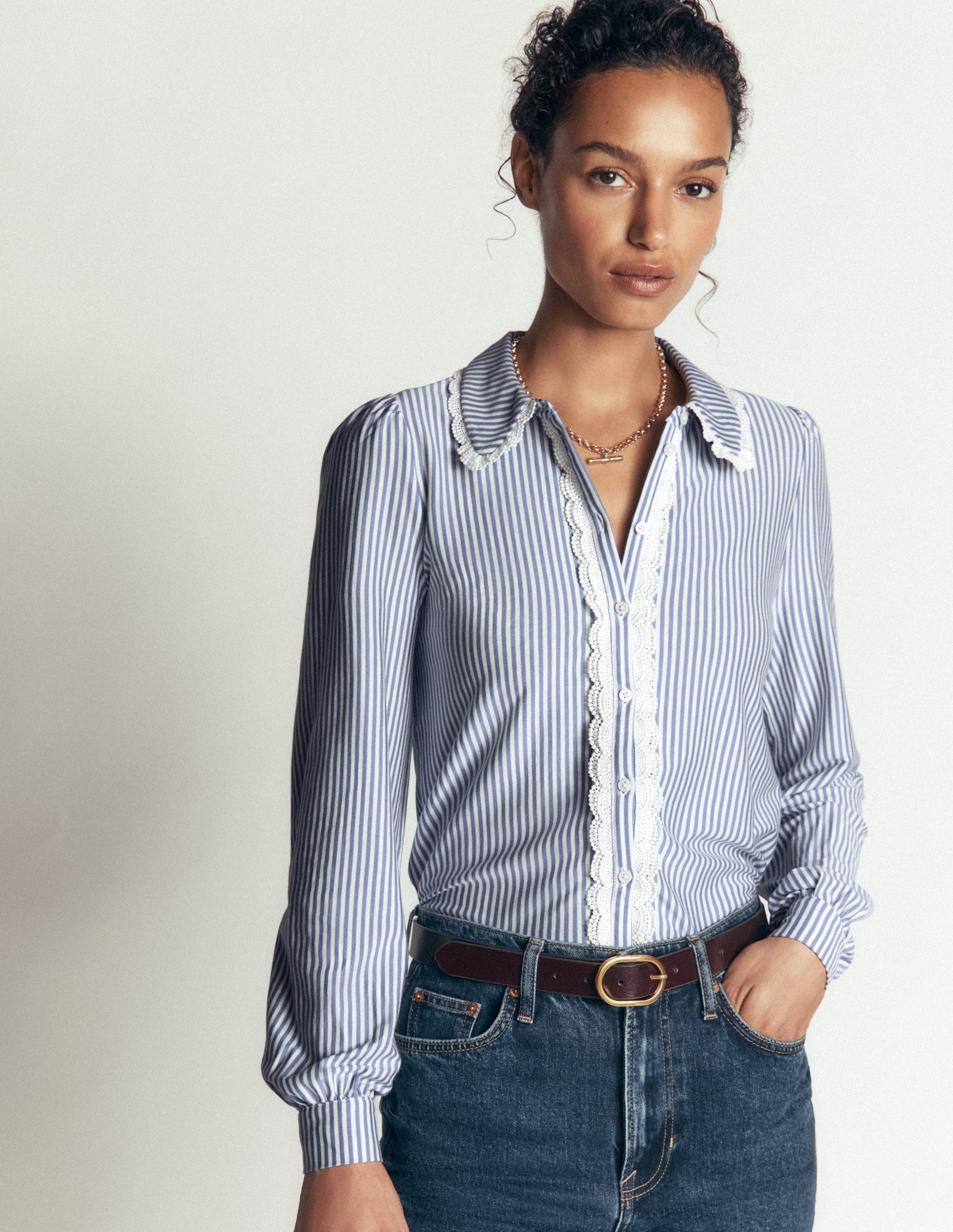 Lace Frill Blouse-Faded Denim and Ivory Stripe-4
