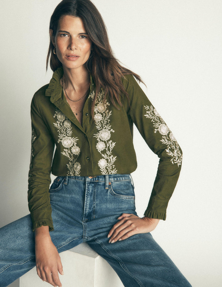 Sienna Frill Cord Shirt-Woodland Green, Embroidered