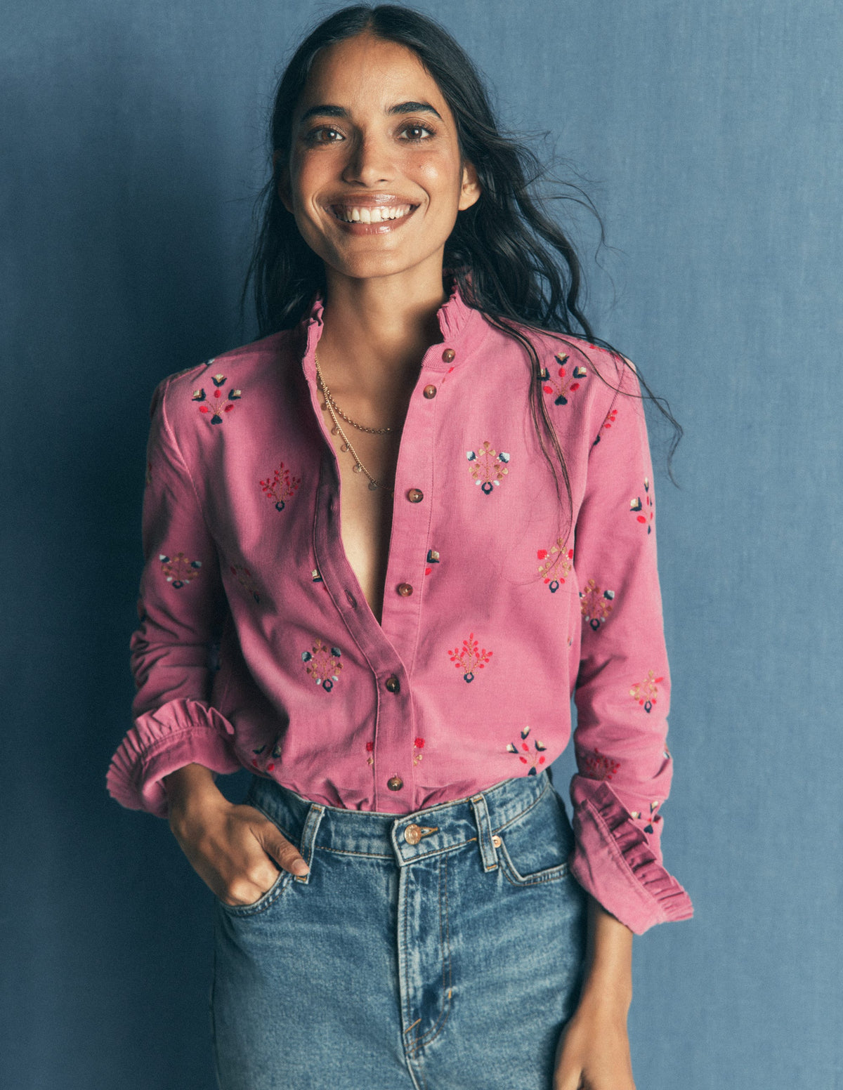 Sienna Frill Cord Shirt-Pink Heather, Embroidered-1