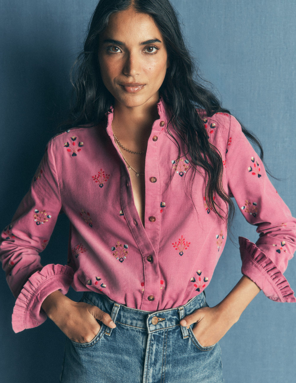 Sienna Frill Cord Shirt-Pink Heather, Embroidered-3