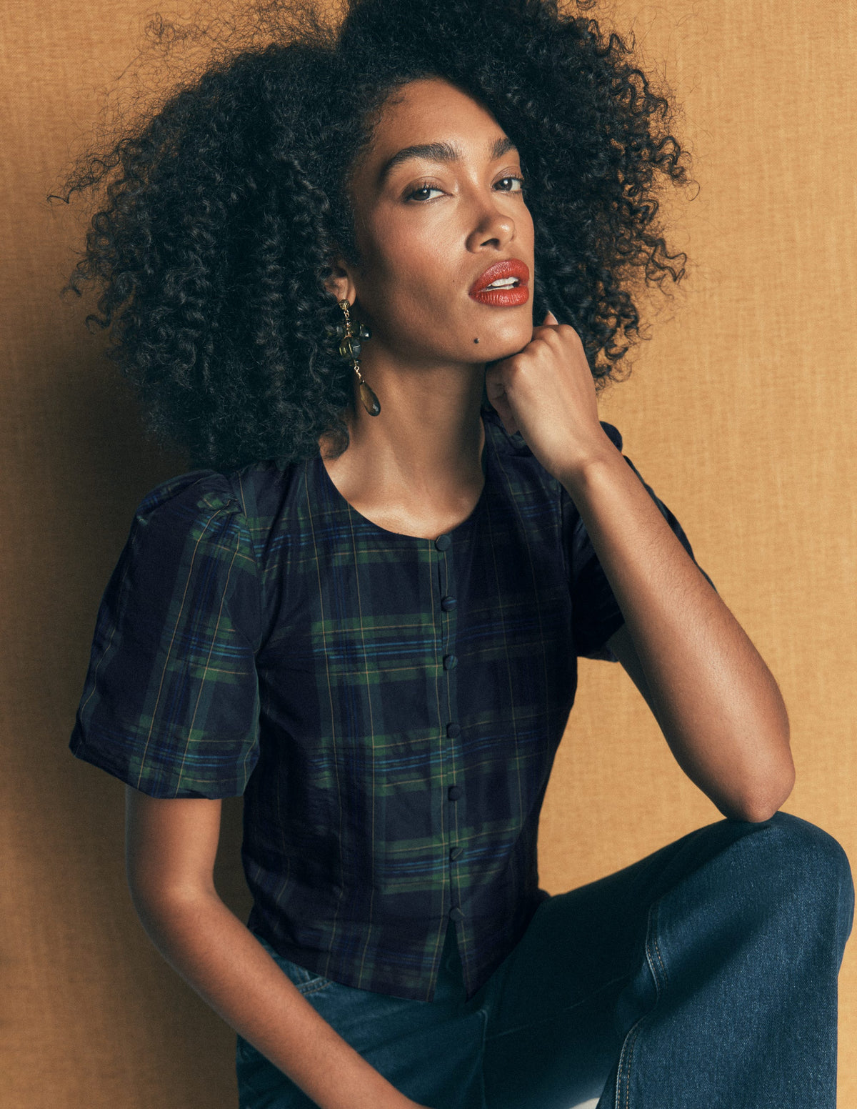 Puff Sleeve Taffeta Top-Navy, Green, Blue Tonal Check - Image 2