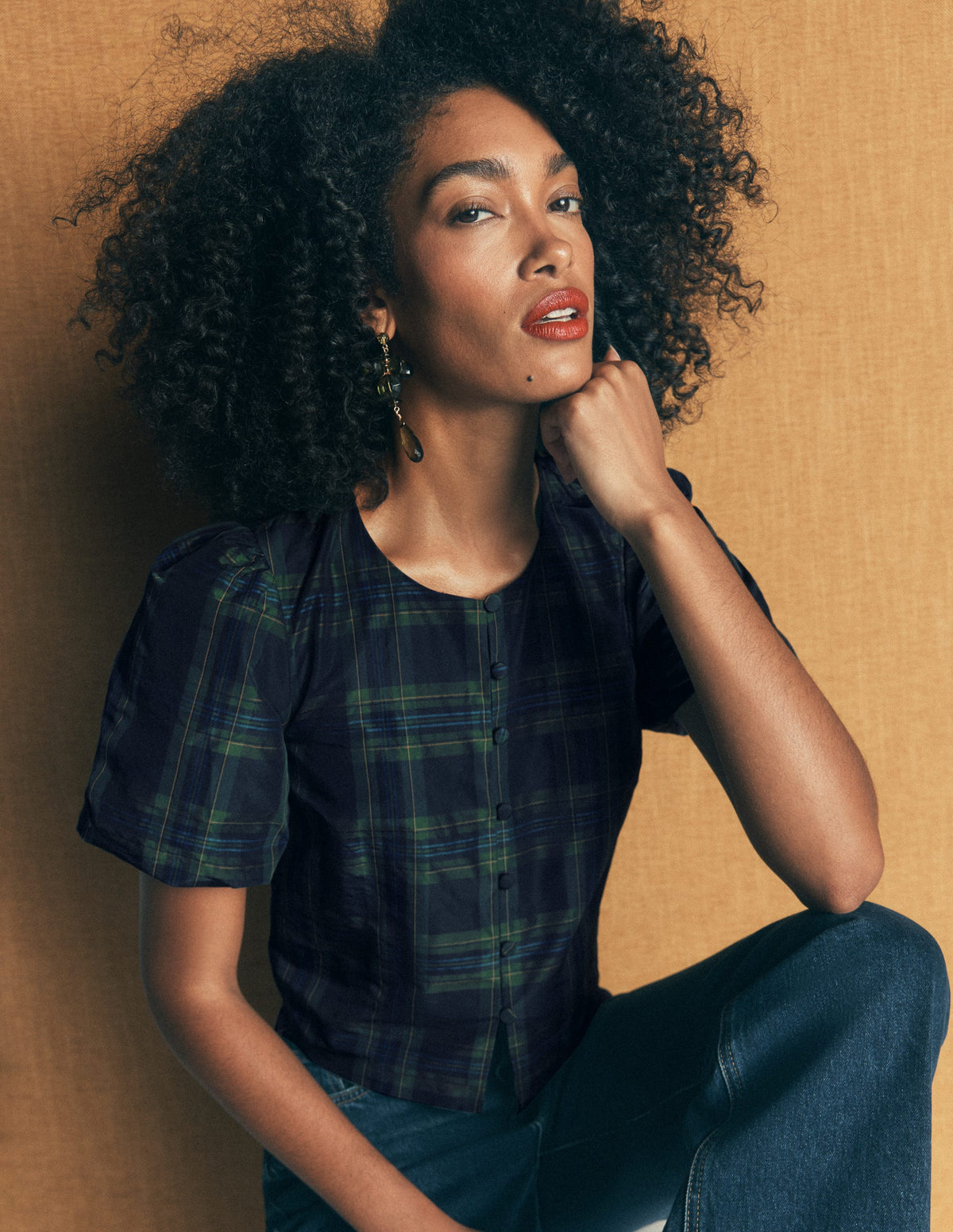 Puff Sleeve Taffeta Top-Navy, Green, Blue Tonal Check - Image 1