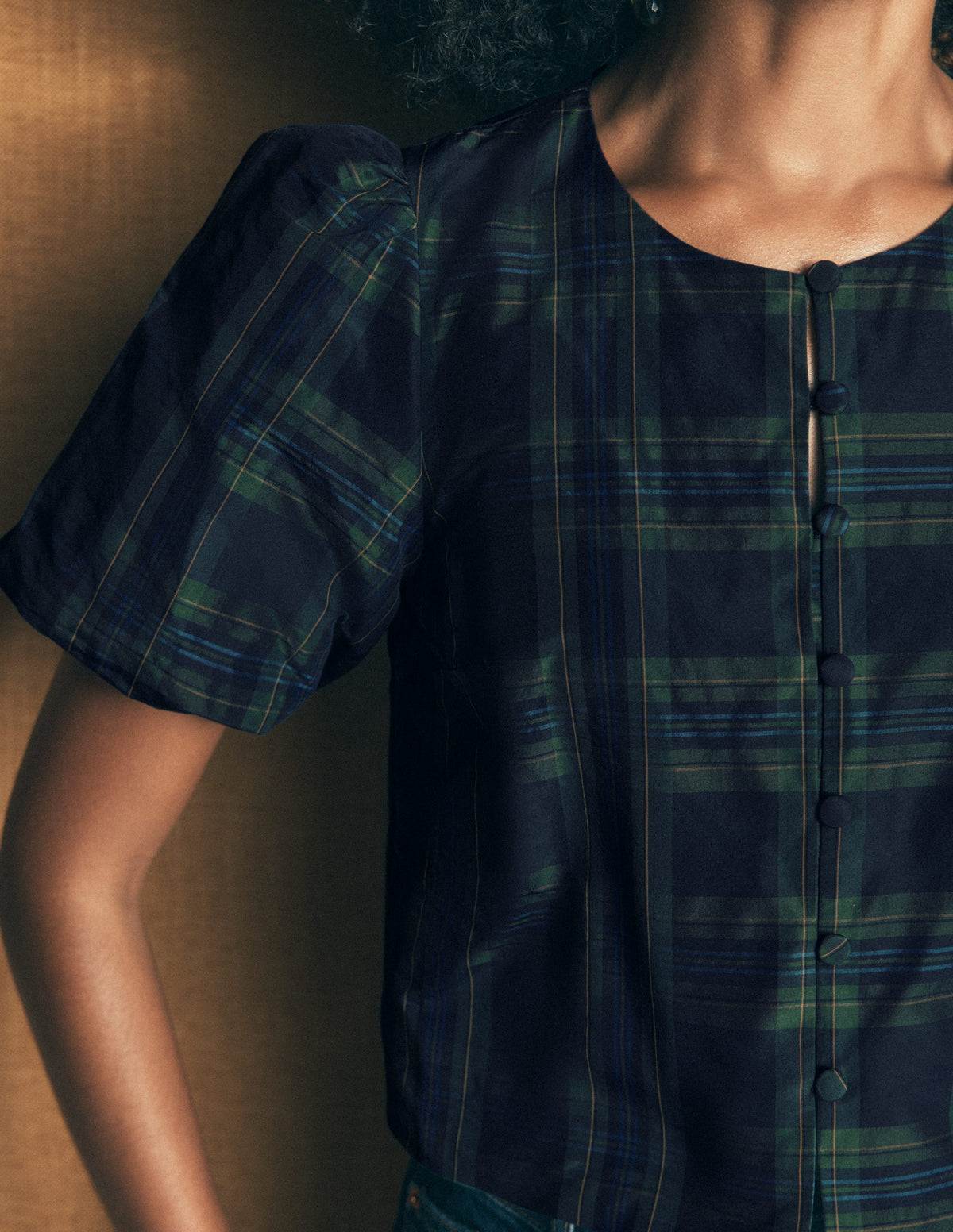 Puff Sleeve Taffeta Top-Navy, Green, Blue Tonal Check-3