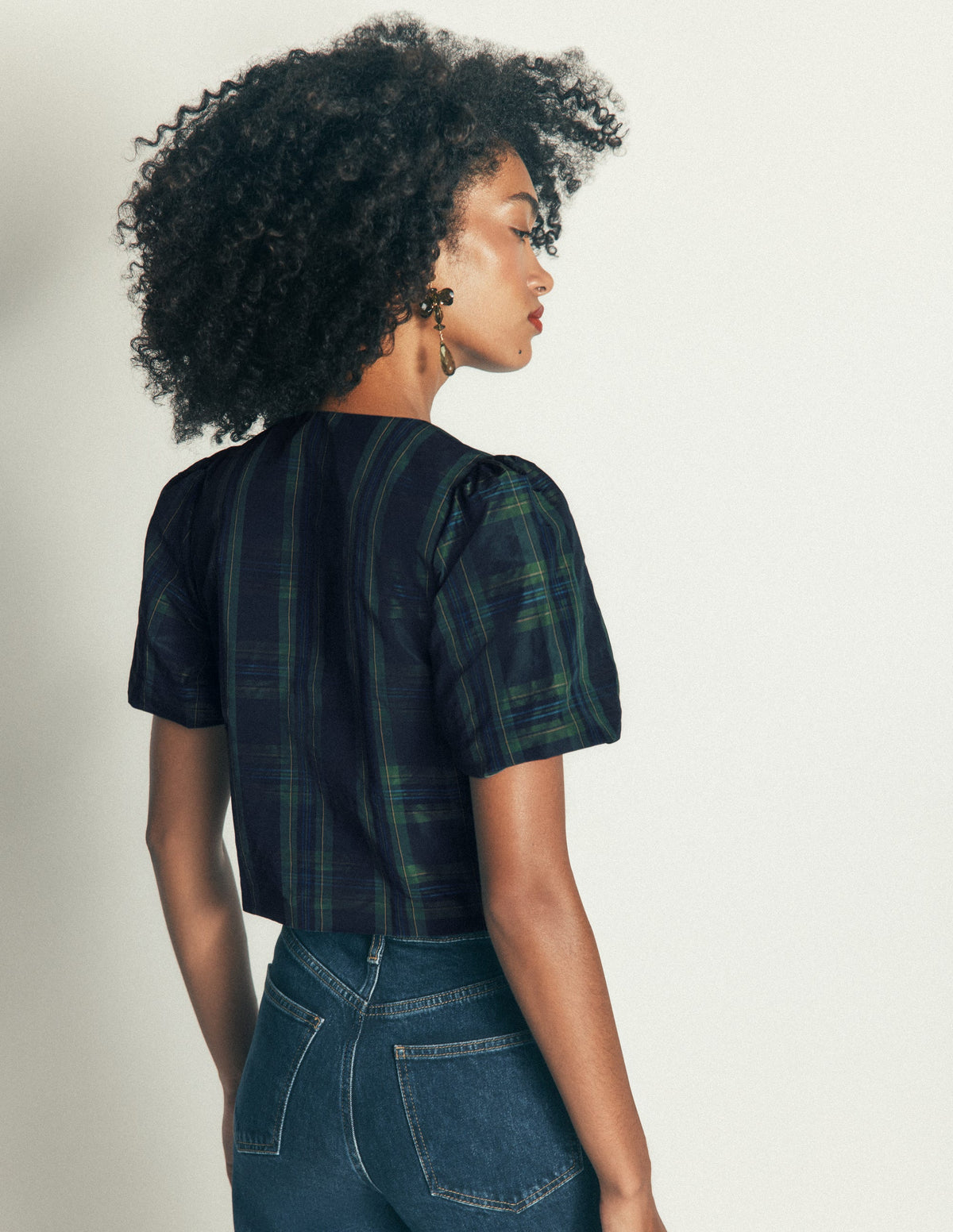 Puff Sleeve Taffeta Top-Navy, Green, Blue Tonal Check - Image 4