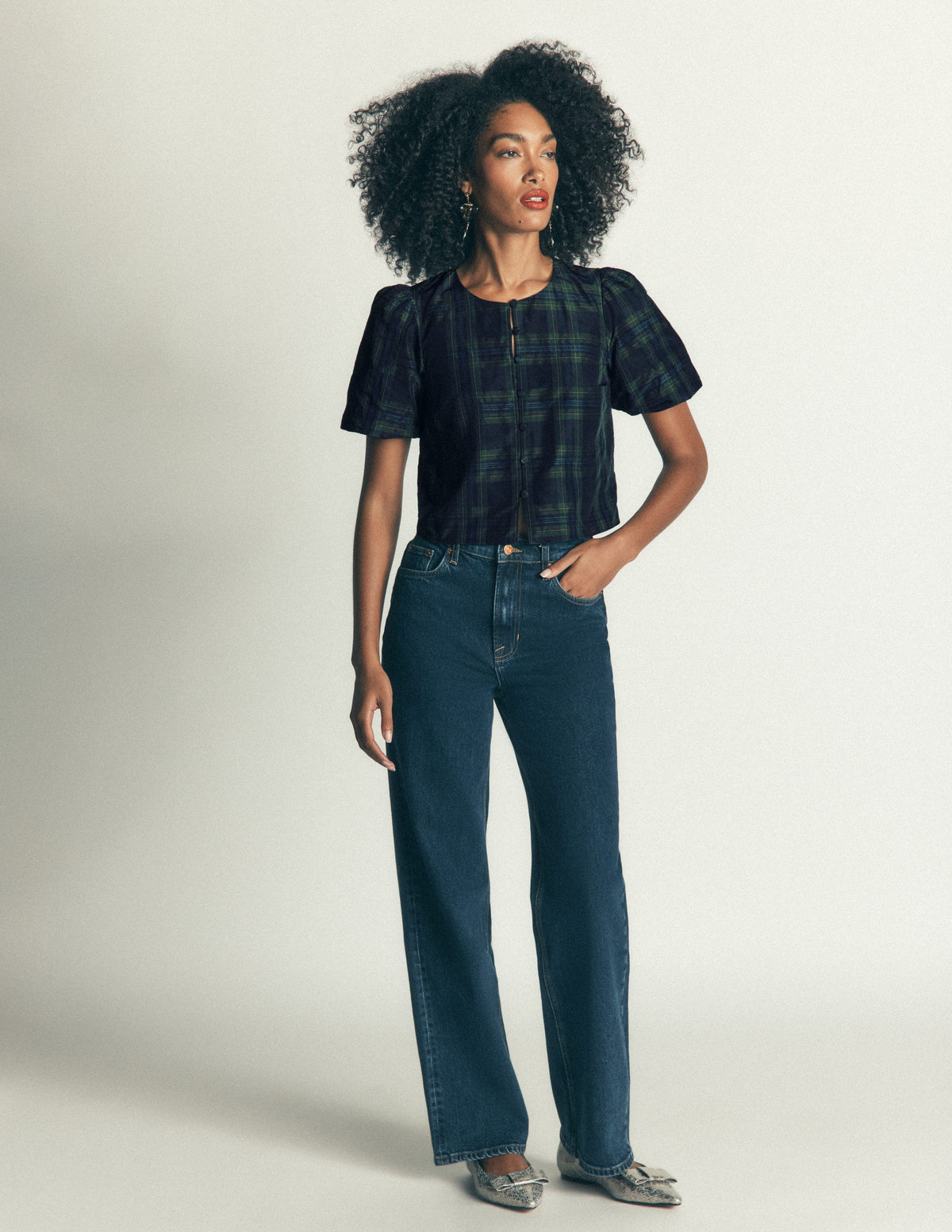 Puff Sleeve Taffeta Top-Navy, Green, Blue Tonal Check-5