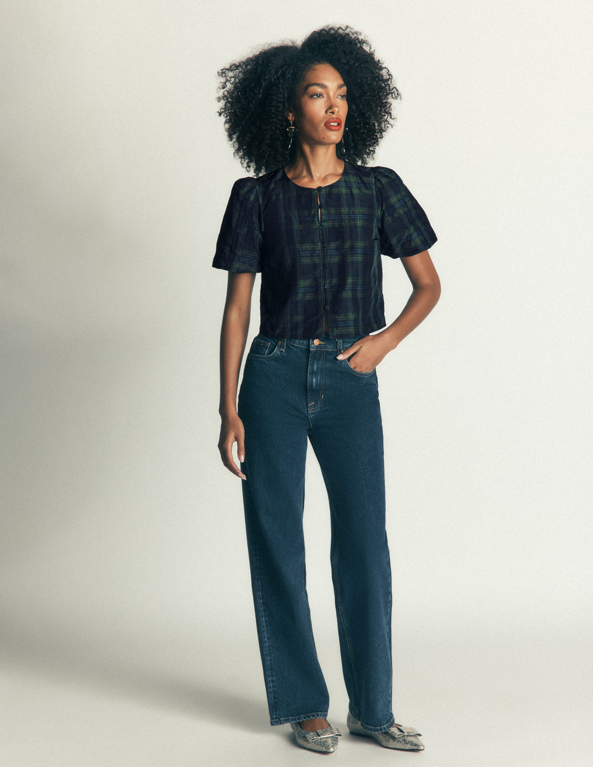 Puff Sleeve Taffeta Top-Navy, Green, Blue Tonal Check - Image 5