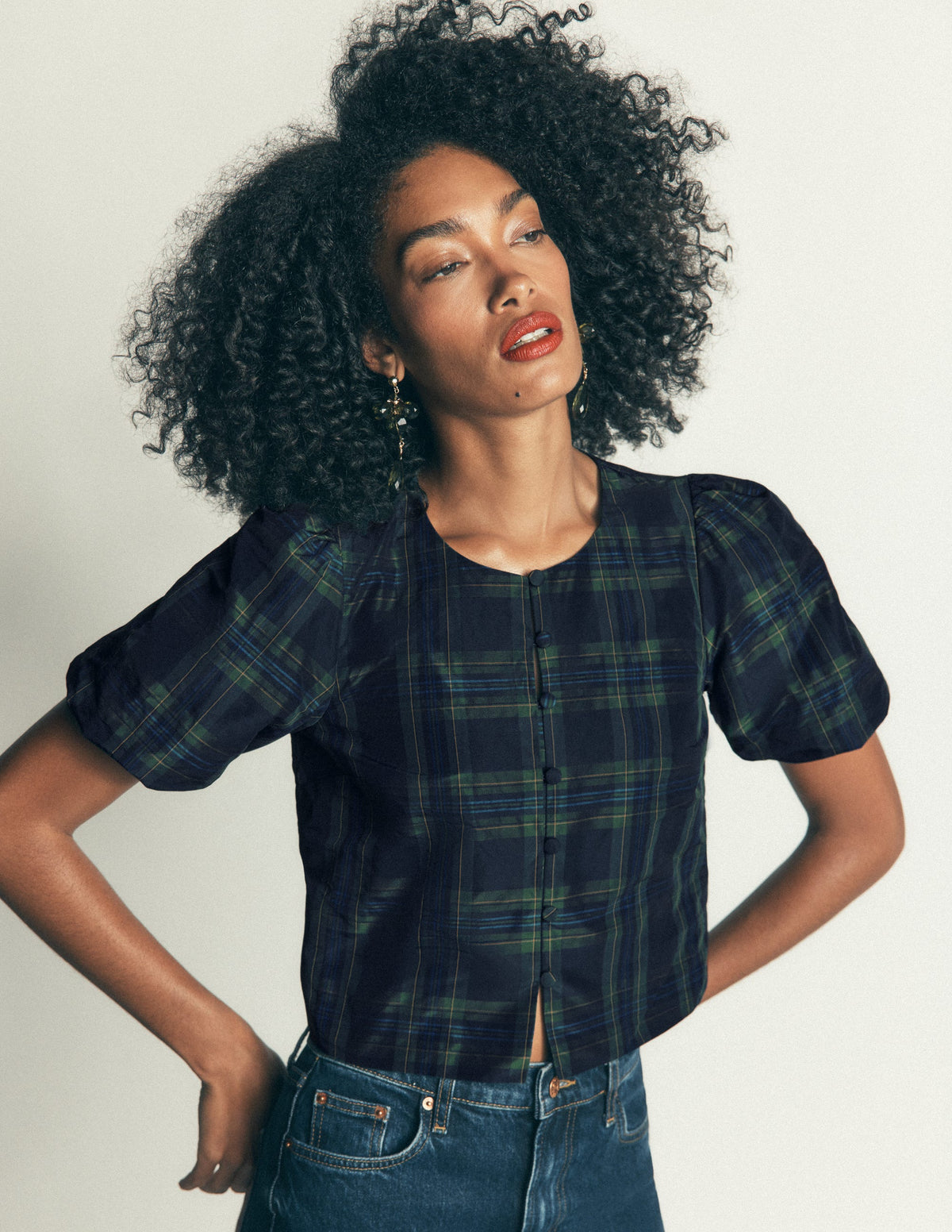 Puff Sleeve Taffeta Top-Navy, Green, Blue Tonal Check-6