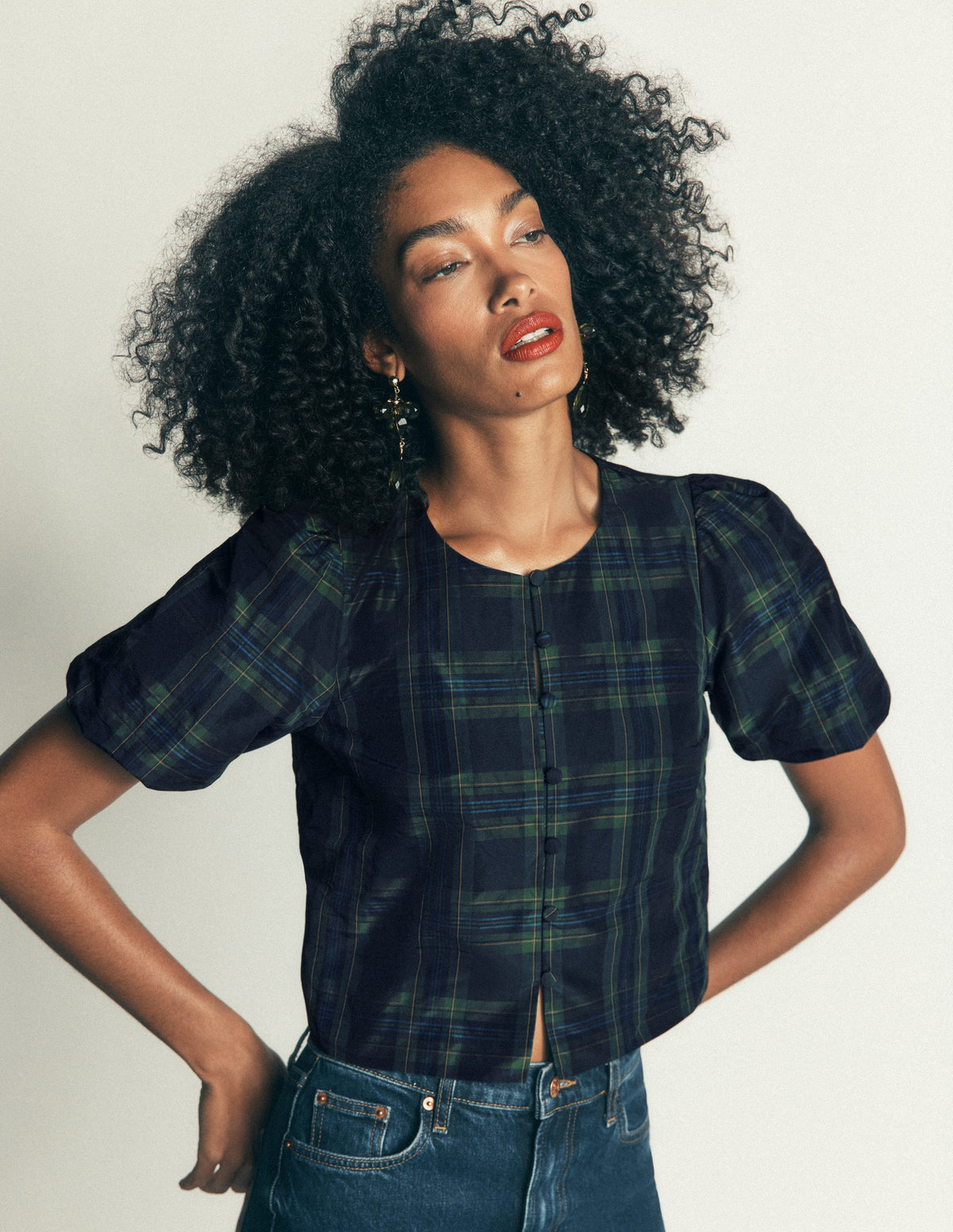 Puff Sleeve Taffeta Top-Navy, Green, Blue Tonal Check-6